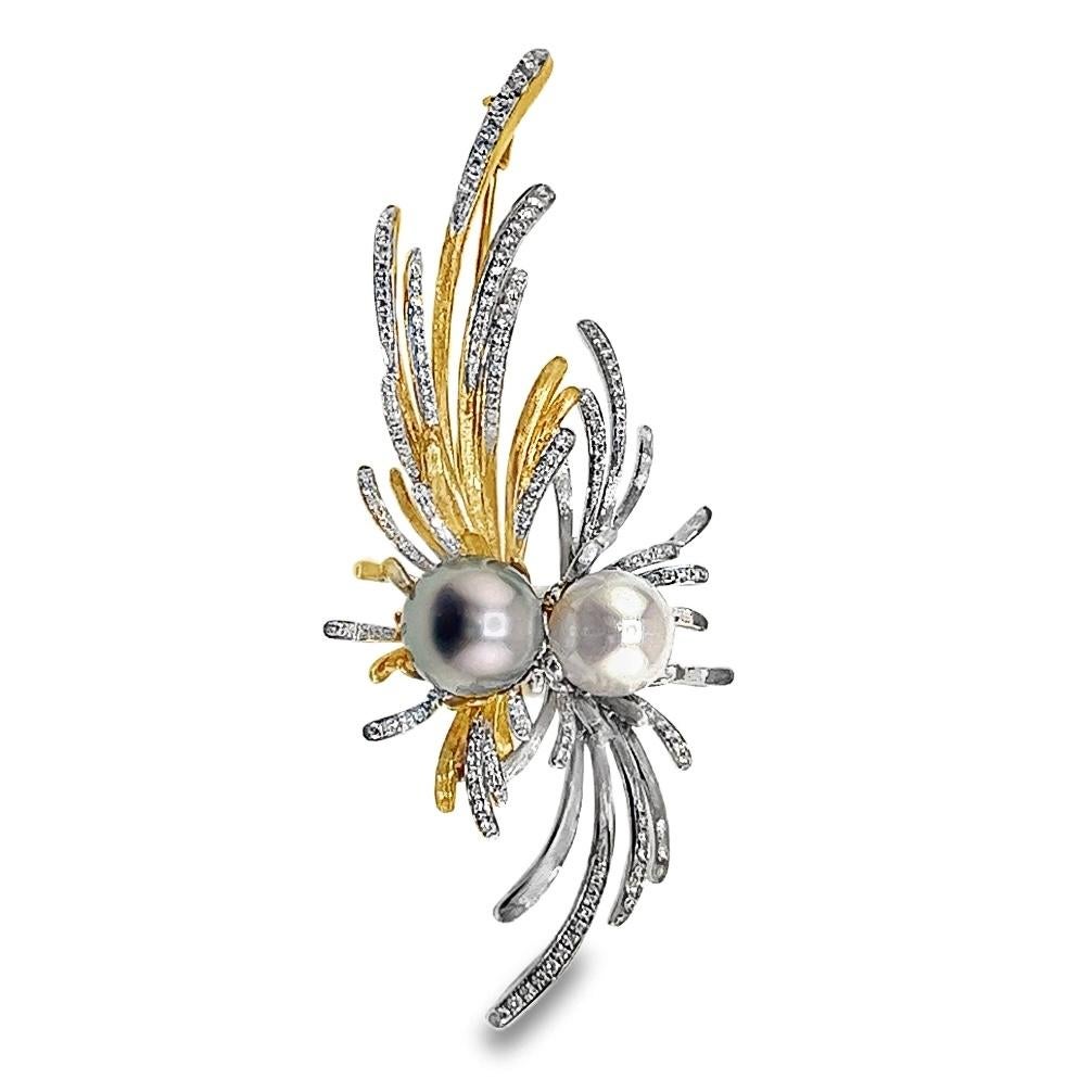 18K Gold Pearl & Diamond Feather Brooch Pendant

Black Pearl & Australian White Pearl - 10.135 CT
161 Diamonds - 0.697 CT
18K Gold - 13.88 GM

Can be separated into two parts and both parts can be worn as a pendant/Brooch. This way, it can serve as