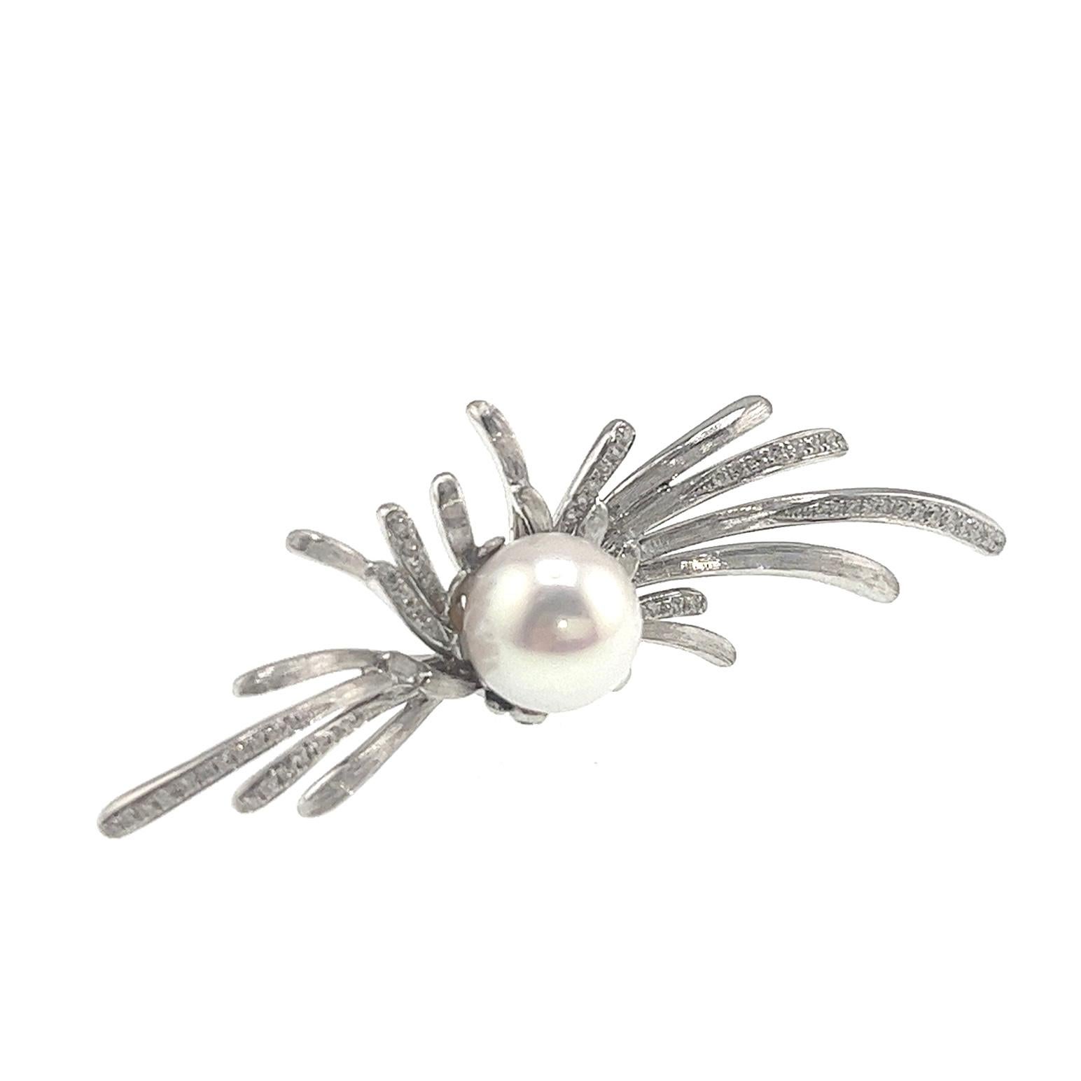 Modern 18K Gold Pearl & Diamond Feather Brooch Pendant For Sale