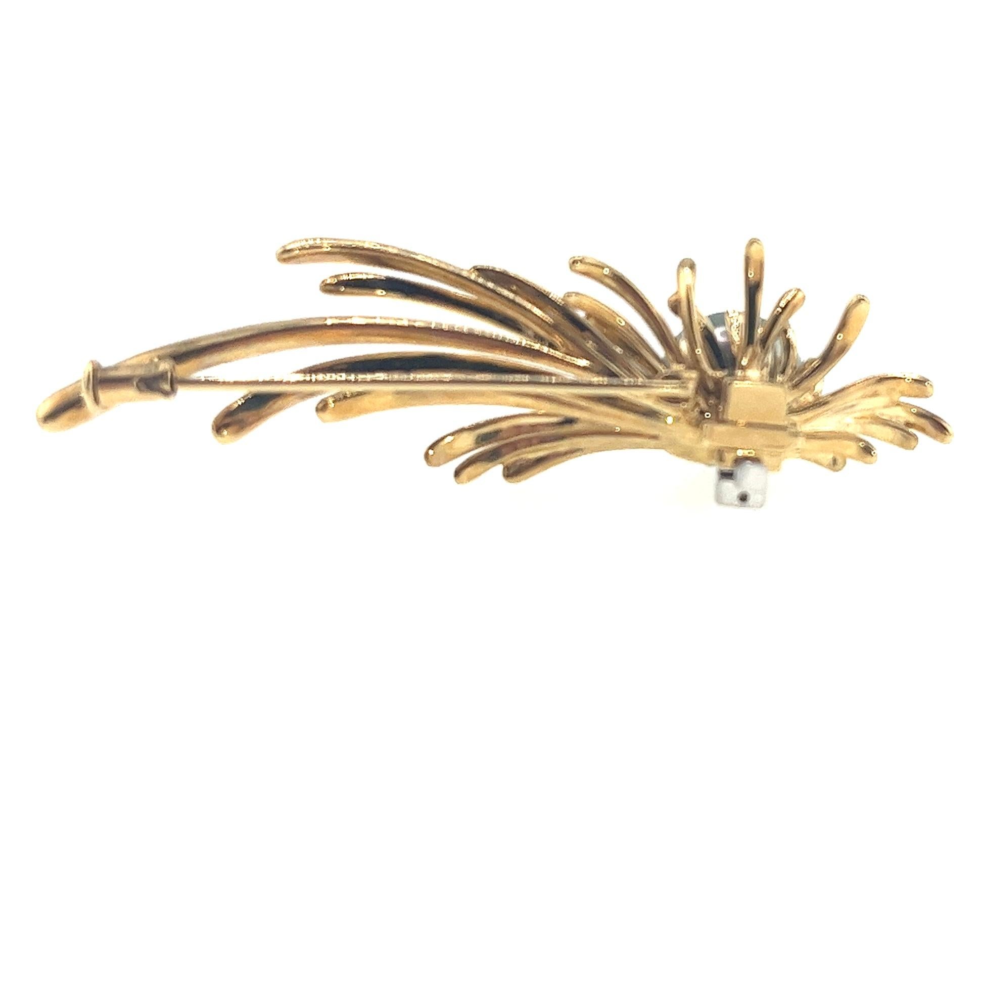 Round Cut 18K Gold Pearl & Diamond Feather Brooch Pendant For Sale