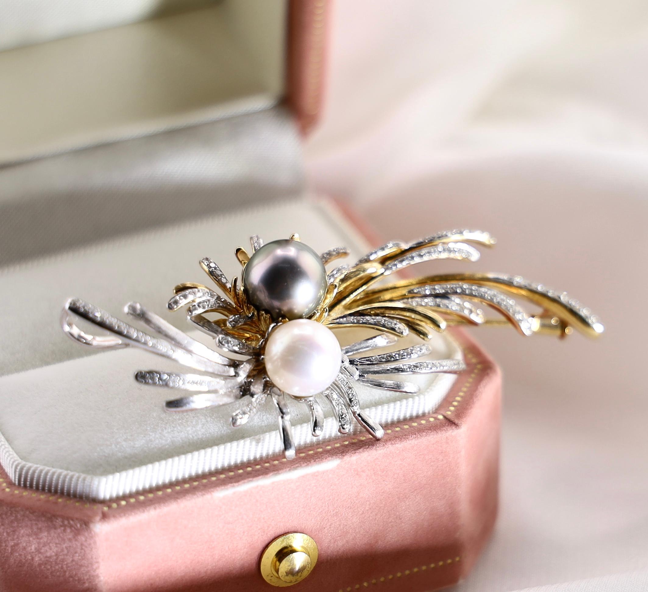 Women's or Men's 18K Gold Pearl & Diamond Feather Brooch Pendant For Sale