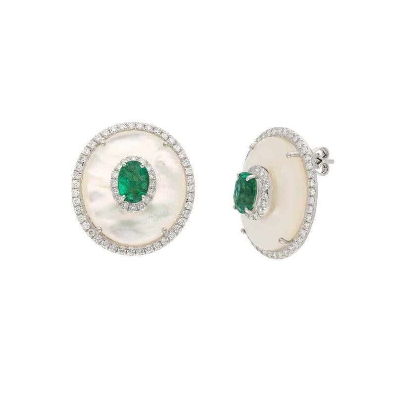 Contemporary 18k Gold Pearl Emerald Stud Earrings Natural Gemstone Jewelry / Art Deco Style