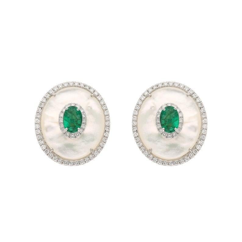 18k Gold Pearl Emerald Stud Earrings Natural Gemstone Jewelry / Art Deco Style In New Condition In jaipur, IN