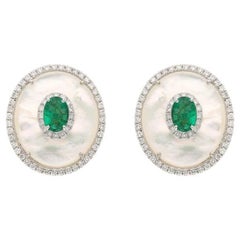 18k Gold Pearl Emerald Stud Earrings Natural Gemstone Jewelry / Art Deco Style