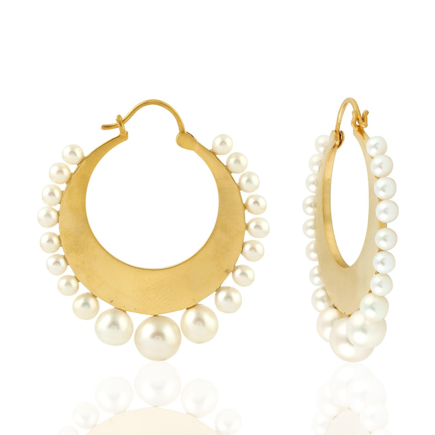 Round Cut 18 Karat Gold Pearl Hoop Earrings For Sale