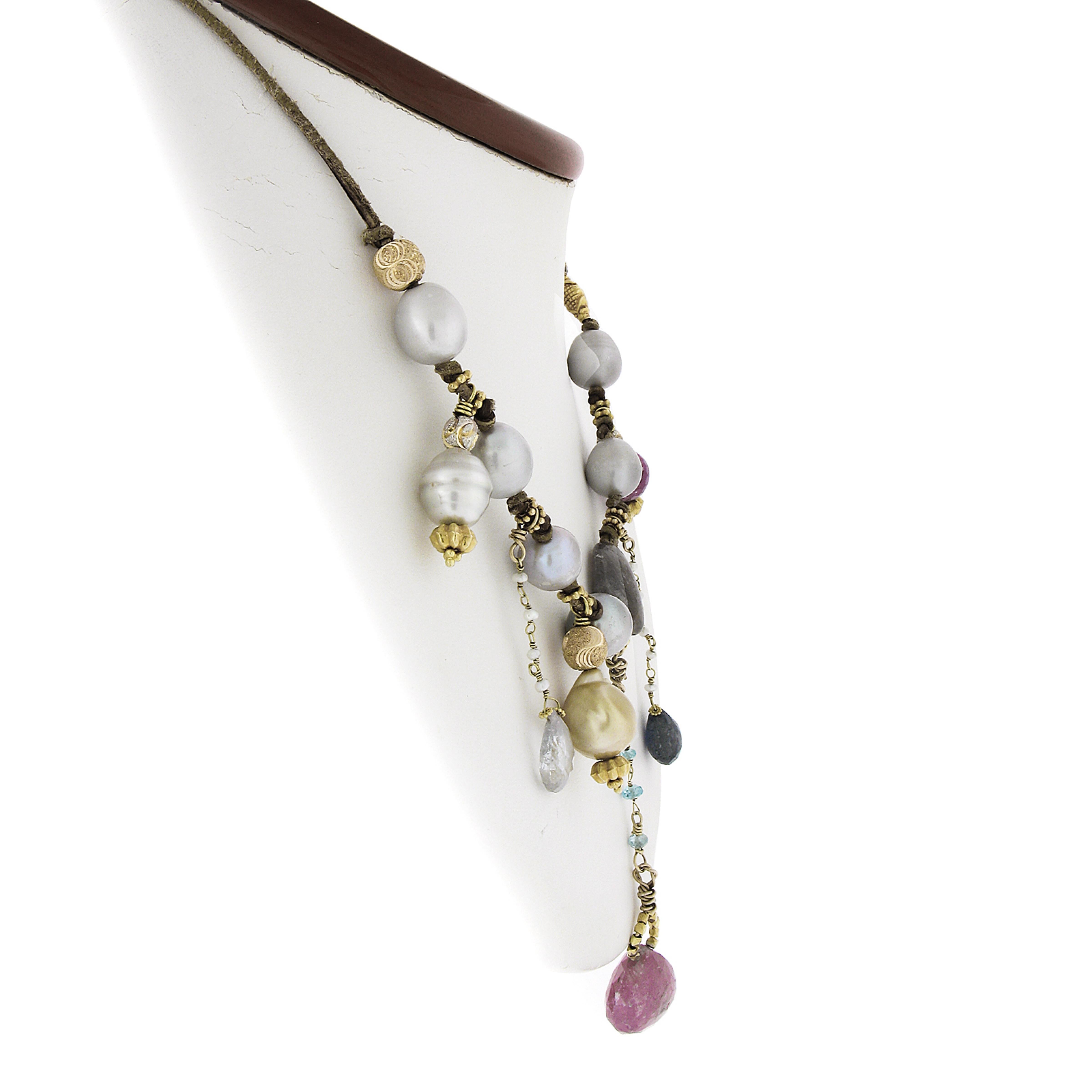 Round Cut 18k Gold Pearl & Multi Natural Stone Dangles from Brown Leather Cord Necklace For Sale