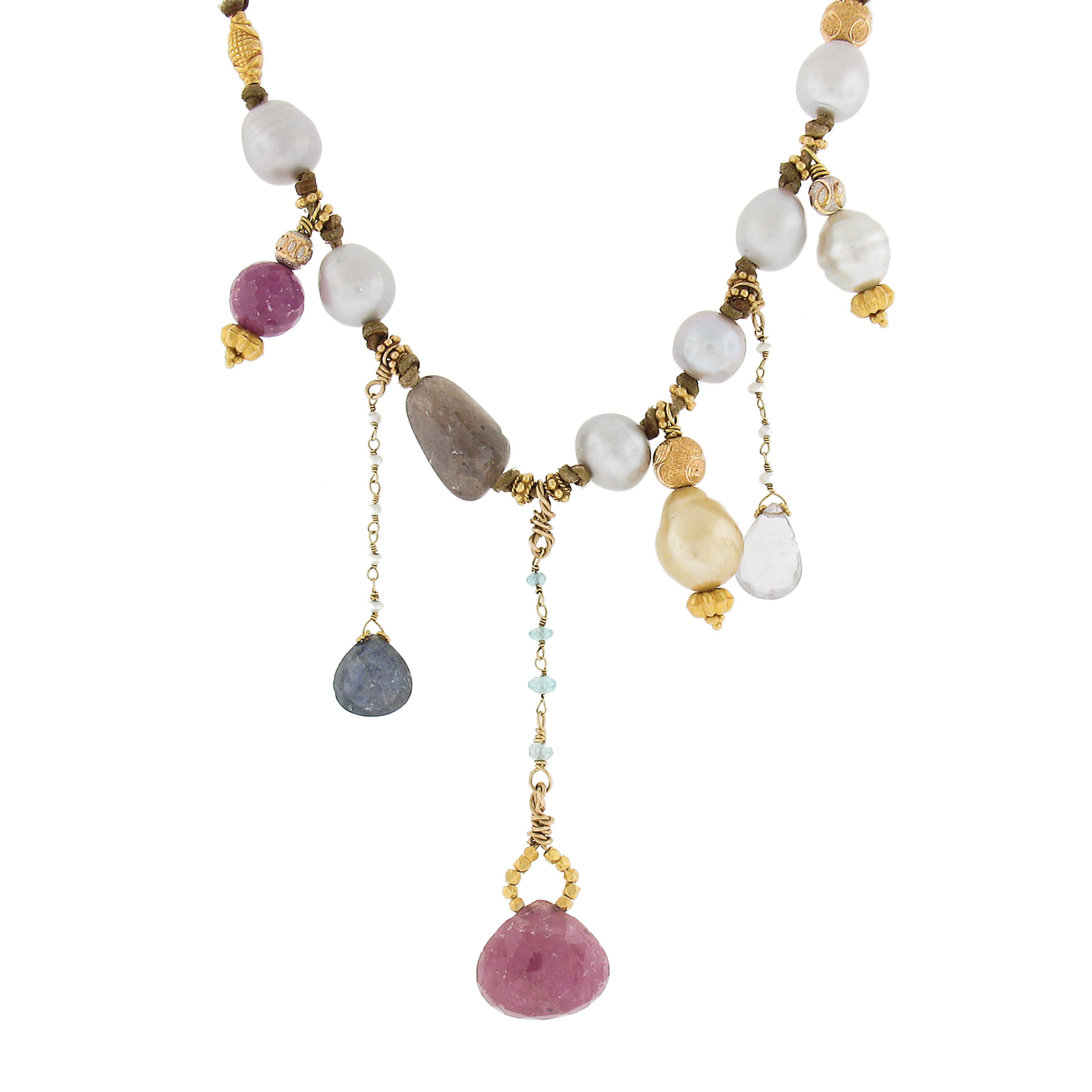 18k Gold Perle & Multi natürlichen Stein baumelt von braunen Leder Cord Halskette im Zustand „Gut“ im Angebot in Montclair, NJ