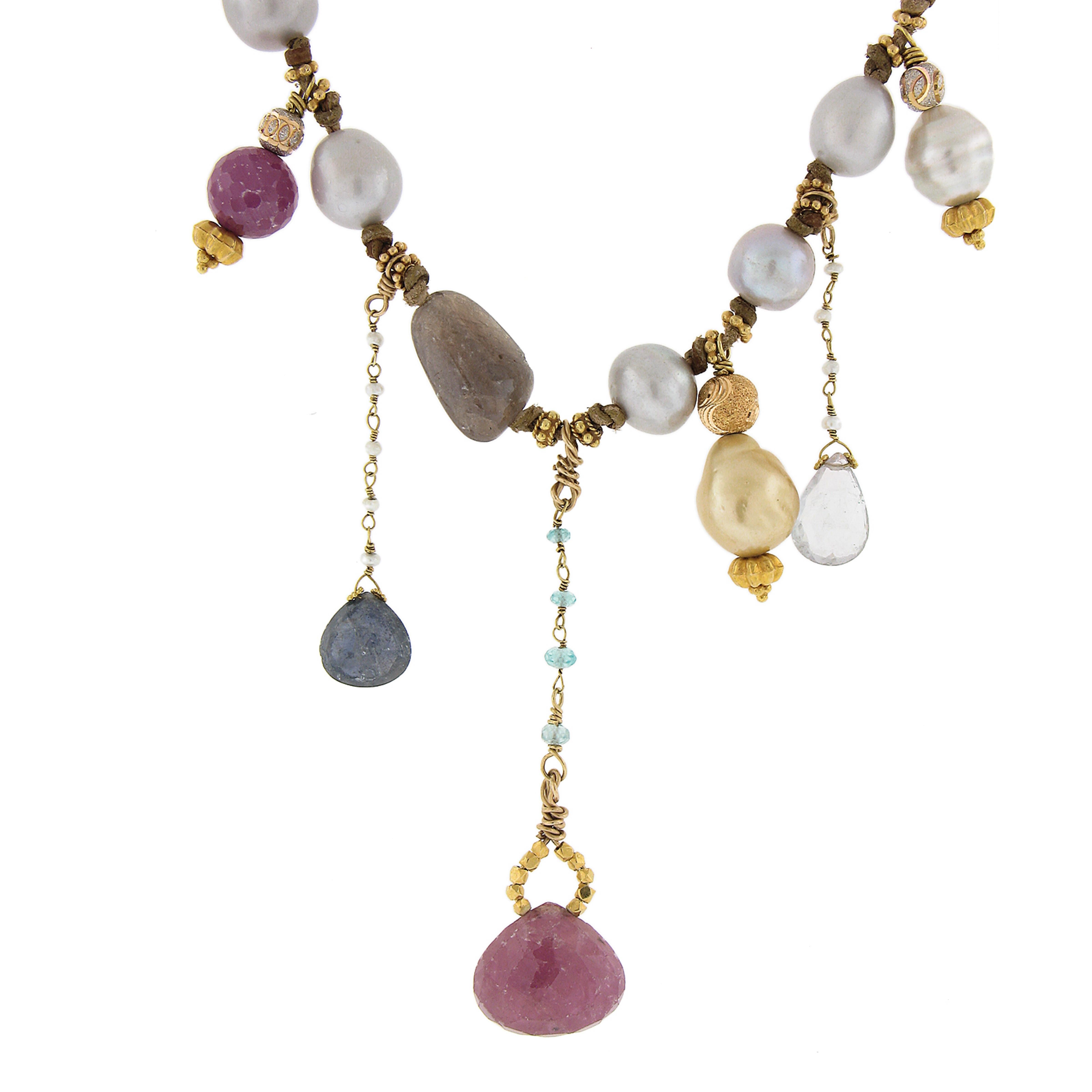 Women's 18k Gold Pearl & Multi Natural Stone Dangles from Brown Leather Cord Necklace For Sale