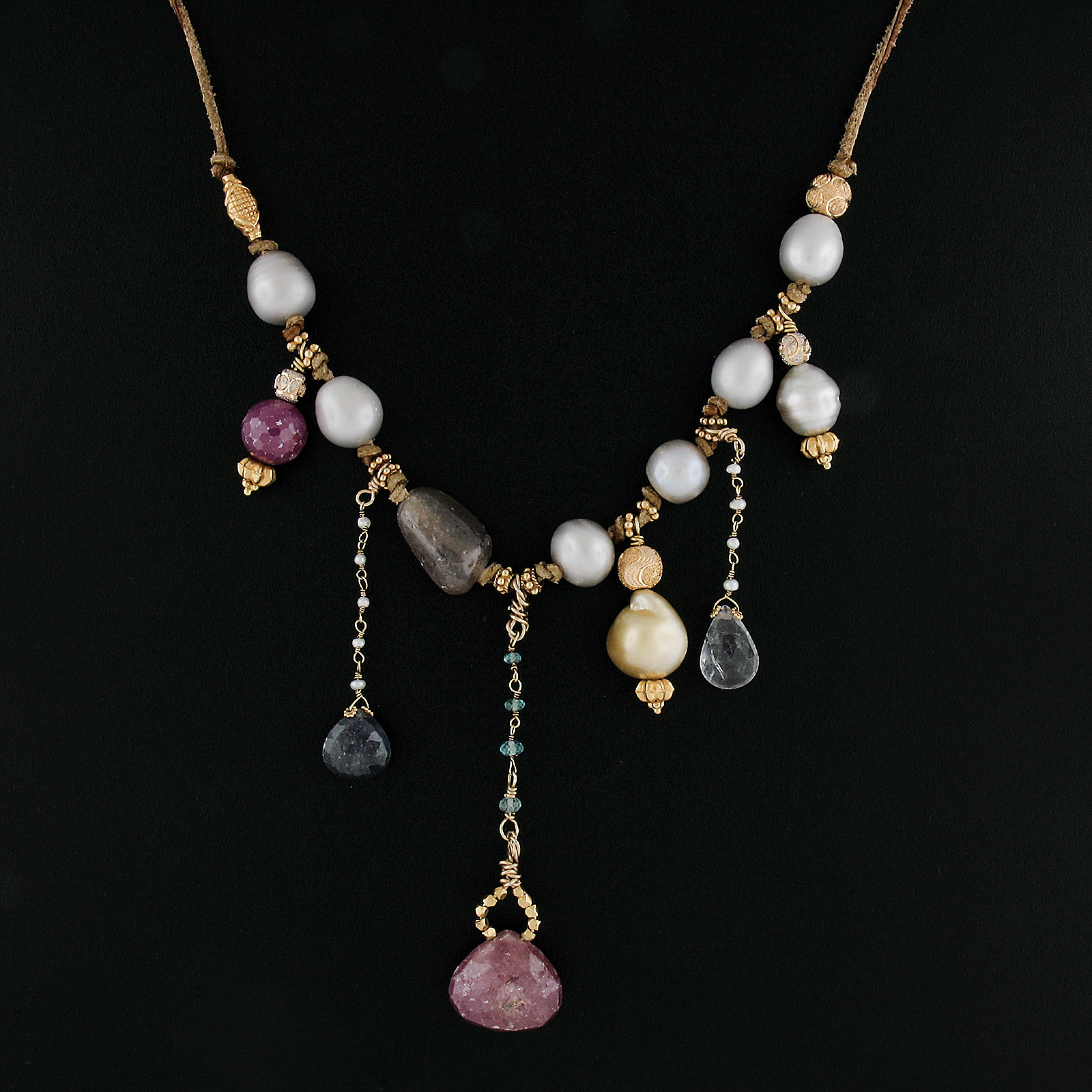 18k Gold Pearl & Multi Natural Stone Dangles from Brown Leather Cord Necklace For Sale 1