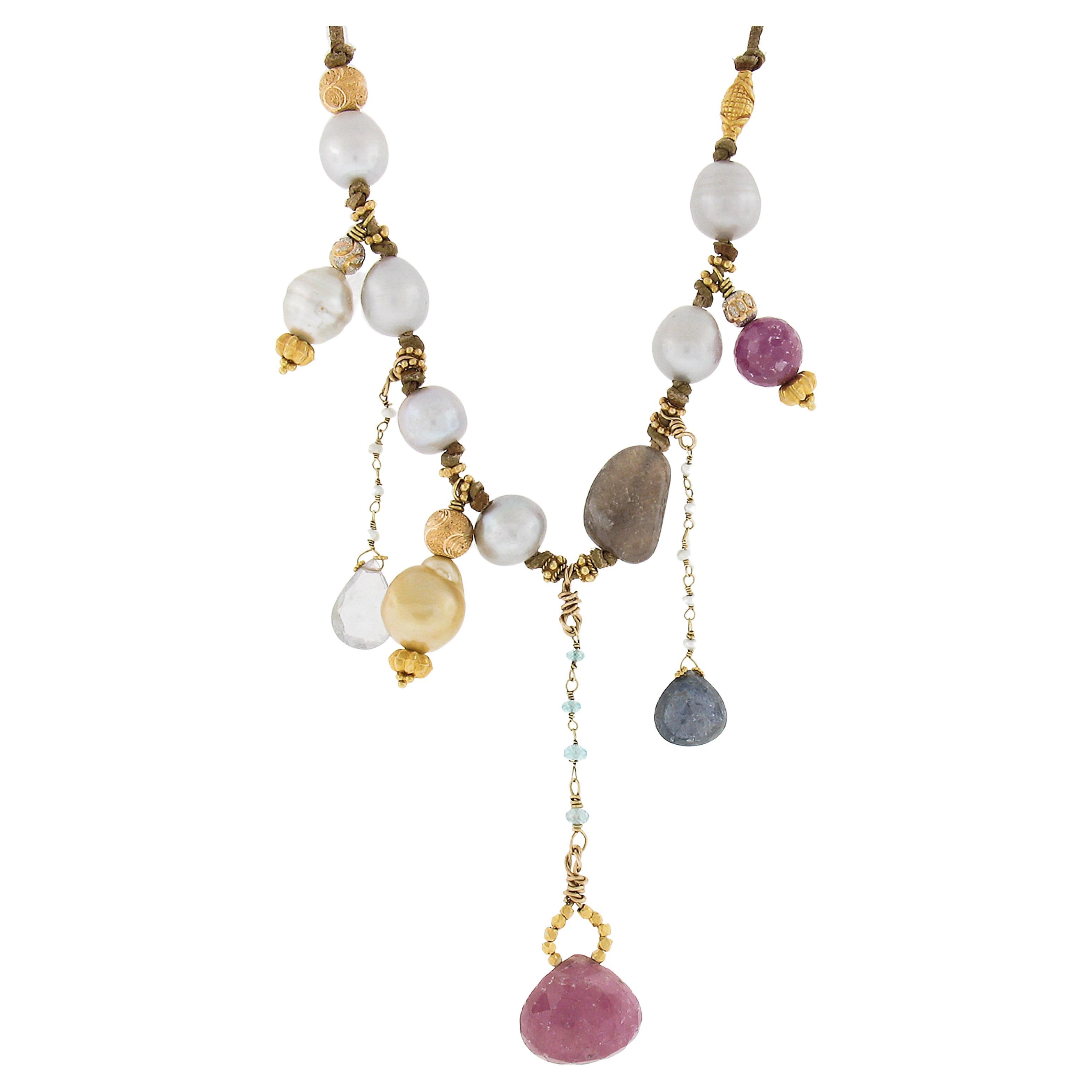 18k Gold Pearl & Multi Natural Stone Dangles from Brown Leather Cord Necklace For Sale