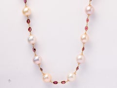 18k Gold Pearl Strand Necklace 42" 13-14mm Pearls Bezel  Set Garnets Stamped 750