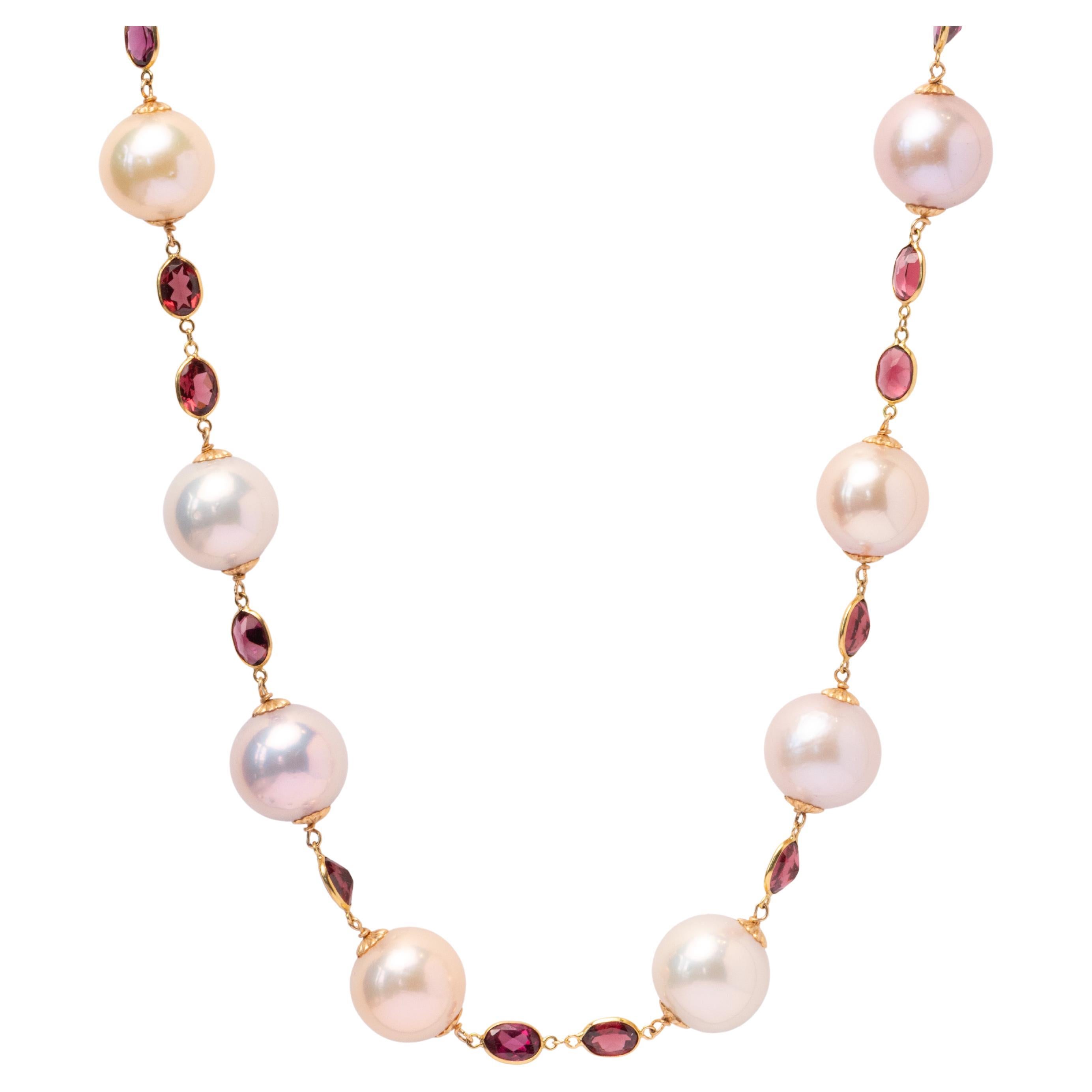 18k Gold Pearl Strand Necklace 42" 13-14mm Pearls Bezel Set Garnets Stamped 750