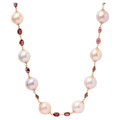 18k Gold Pearl Strand Necklace 42" 13-14mm Pearls Bezel  Set Garnets Stamped 750
