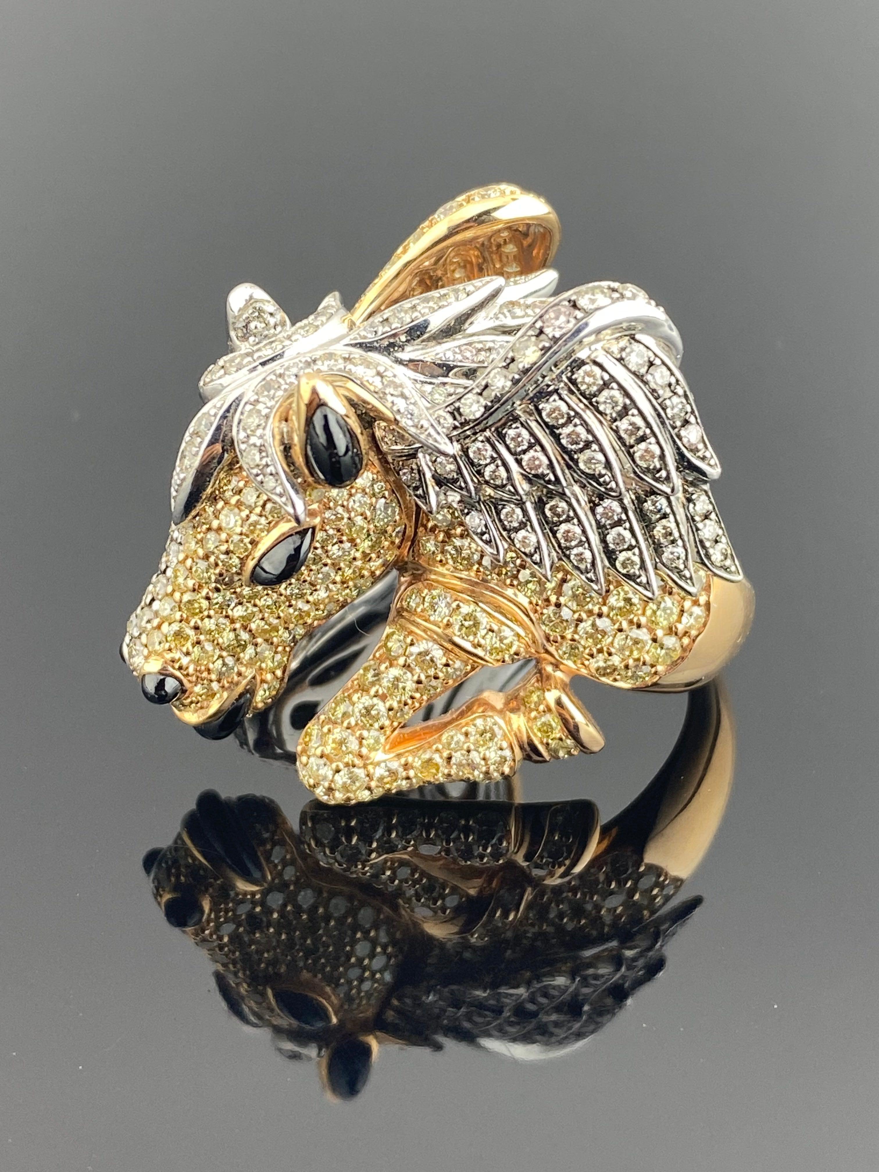 This bold and enchanting design features a majestic pegasus horse motif, symbolizing freedom and strength. One side of the wings are encrusted with dazzling white diamonds and the other side of the wings are set with vibrant yellow diamonds  , the