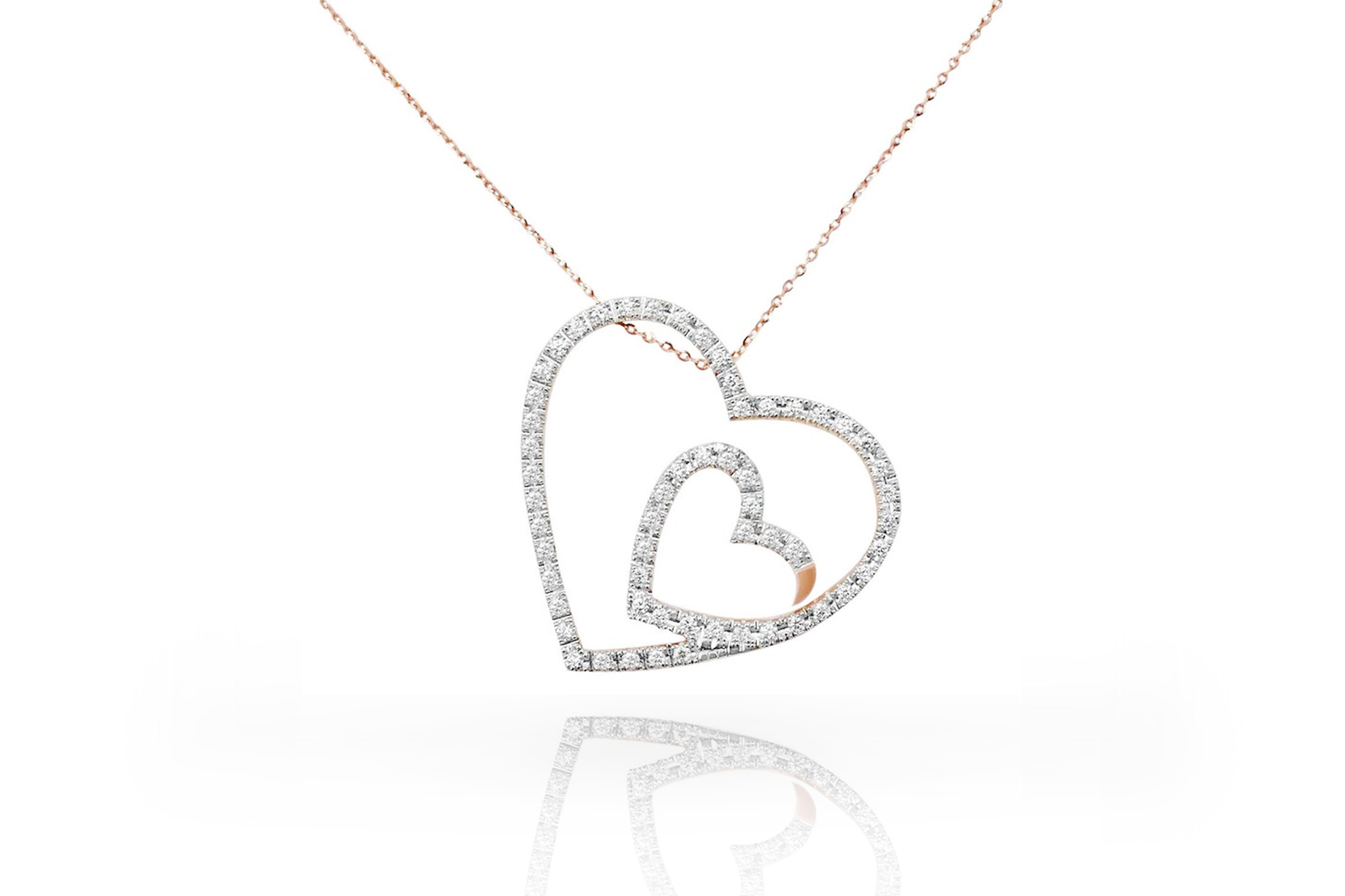 18k Gold Pendant Necklace Rose Gold Diamond Pave Heart Shape For Sale