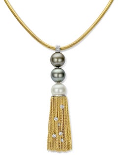 18k Gold Pendant with 0.35ct Diamonds & Tahiti pearls, Floche. Rat Tail Necklace