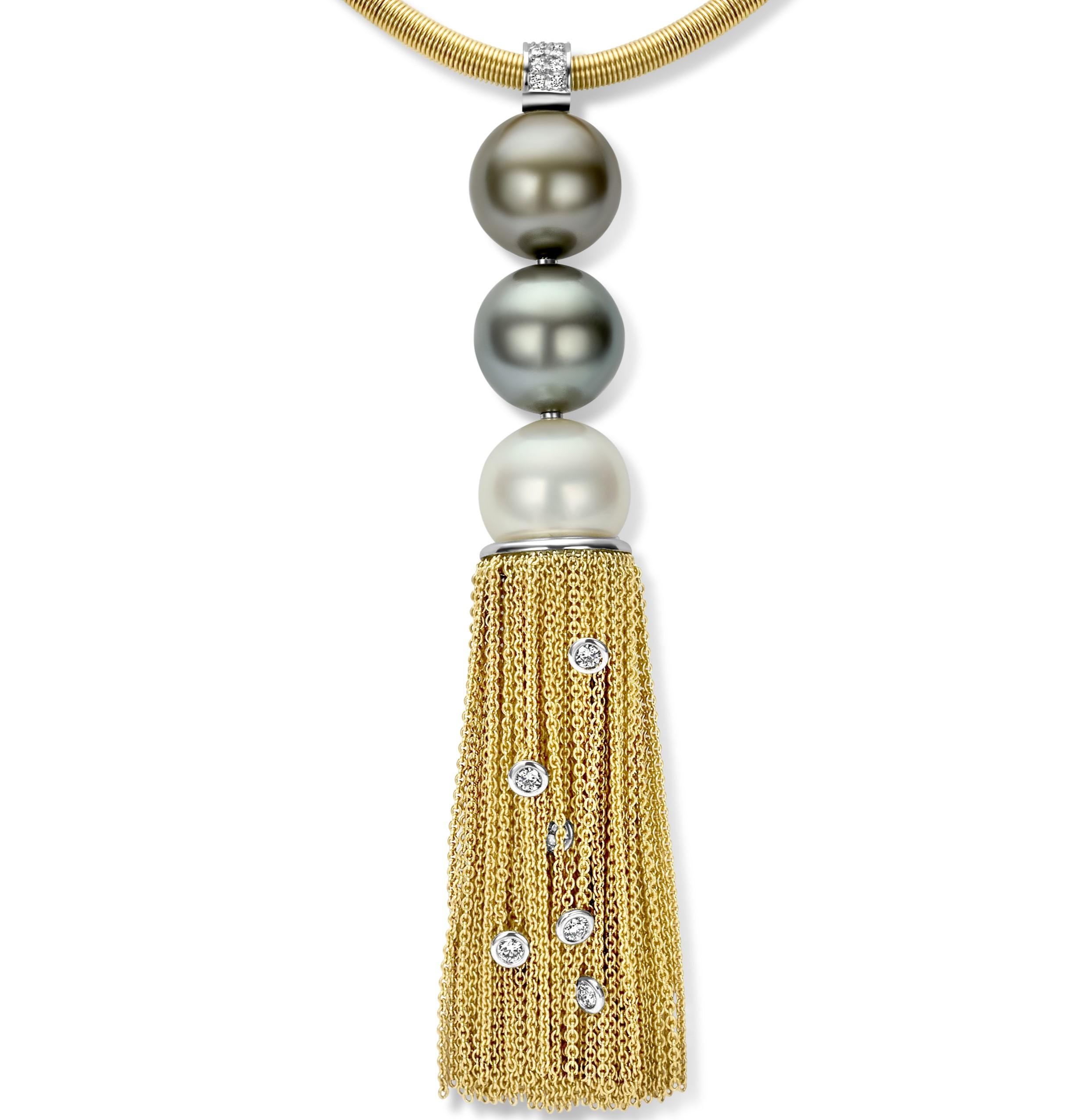 18 Karat Gold Anhänger mit 0,35 Karat Diamanten und Tahiti-Perlen, Floche. Rattenschwanz-Halskette (Kunsthandwerker*in) im Angebot