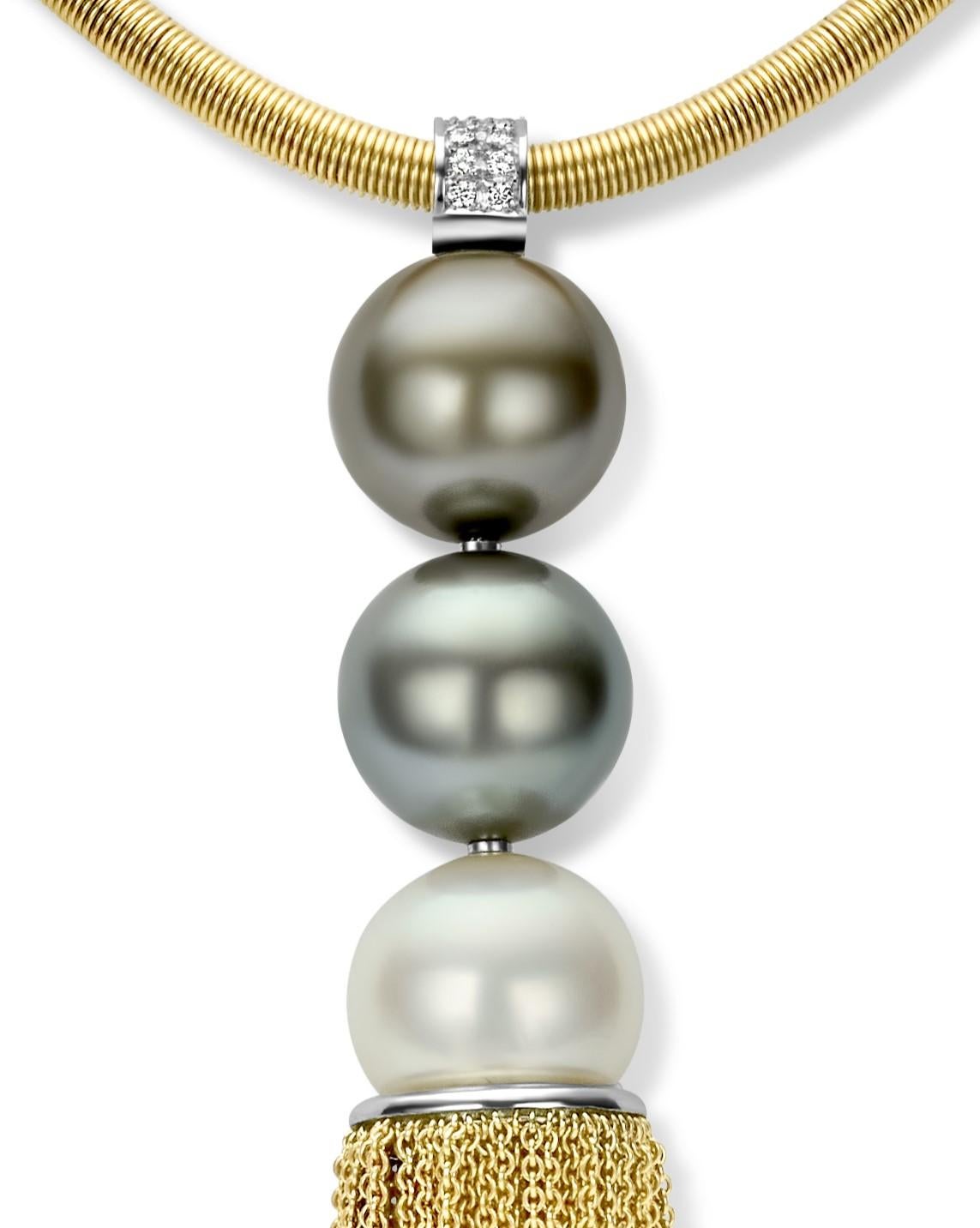 Artisan 18k Gold Pendant with 0.35ct Diamonds & Tahiti pearls, Floche. Rat Tail Necklace For Sale