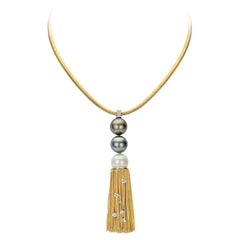 18k Gold Pendant with 0.35ct Diamonds & Tahiti pearls, Floche. Rat Tail Necklace