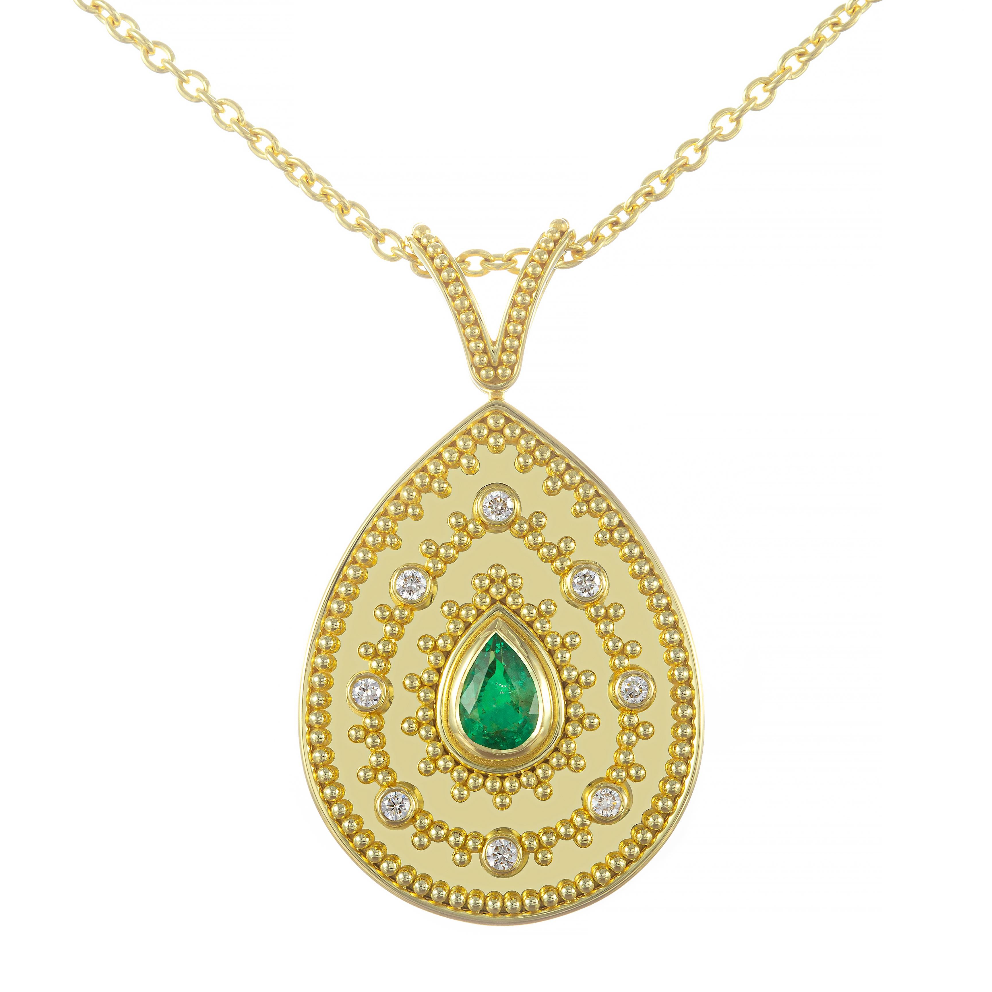 Byzantine 18K Gold Pendant with pear Emerald and Diamonds For Sale