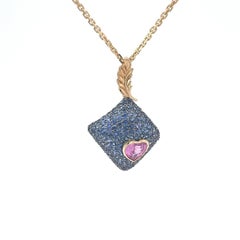 18K Gold Pendant with Pink Heart Sapphire and Blue Round Sapphires Gold Pendant