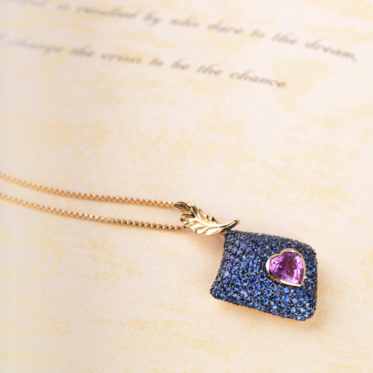 Women's 18K Gold Pendant with Pink Heart Sapphire and Blue Round Sapphires Gold Pendant For Sale