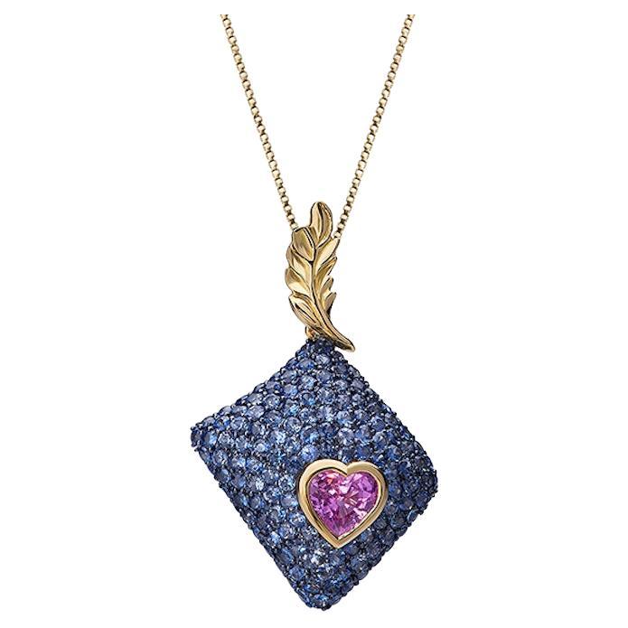 18K Gold Pendant with Pink Heart Sapphire and Blue Round Sapphires Gold Pendant