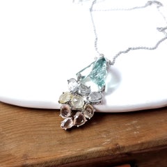18K Gold Pendant with Uncut Aquamarine and Multi-Color Sapphires, with White Dia