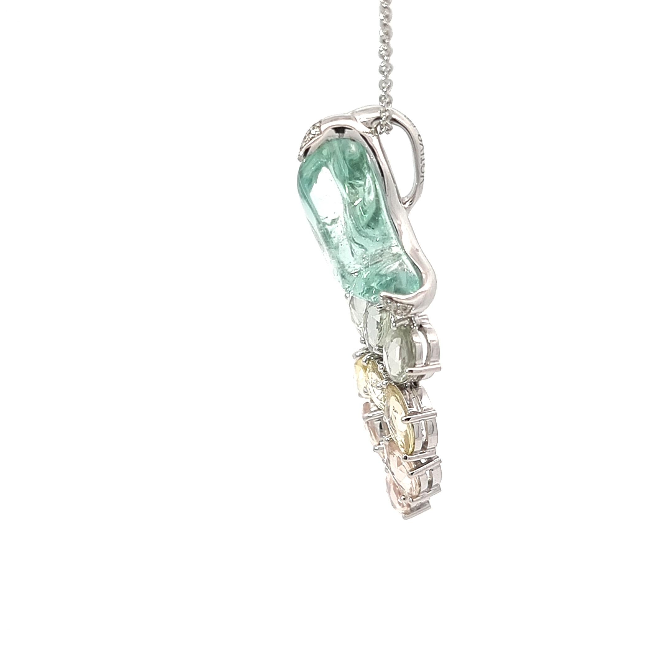 18K Gold Pendant with Uncut Aquamarine and Multi-Color Sapphires, with White Dia For Sale 1