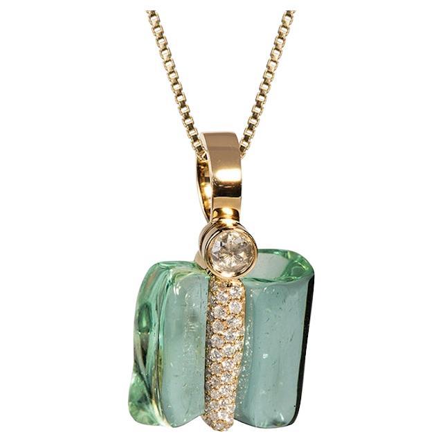 18K Gold Pendant with Uncut Aquamarine and White Diamonds For Sale