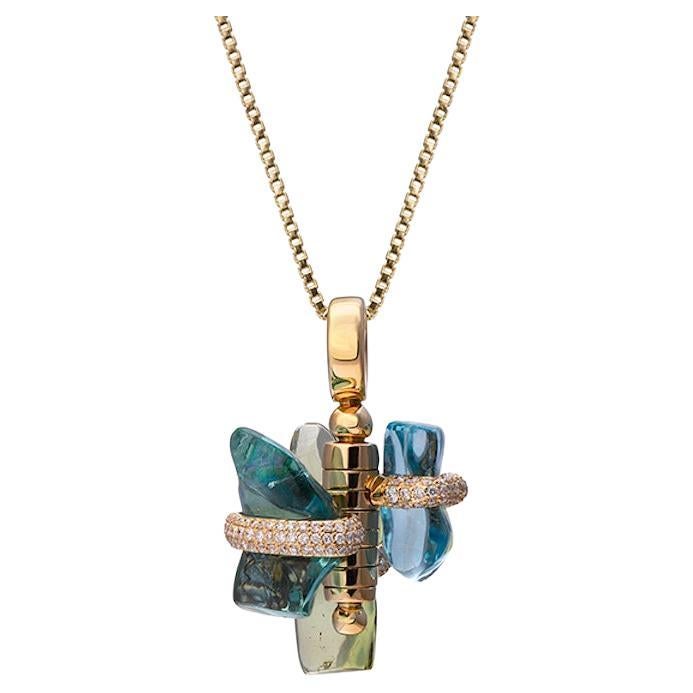 18k Gold Pendant with White Diamonds and Uncut Tourmalines For Sale
