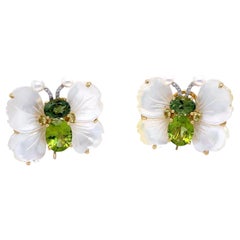 18k Gold & Peridot Butterfly Clip-on Earrings w/ Mother-of-Pearl & Diamonds