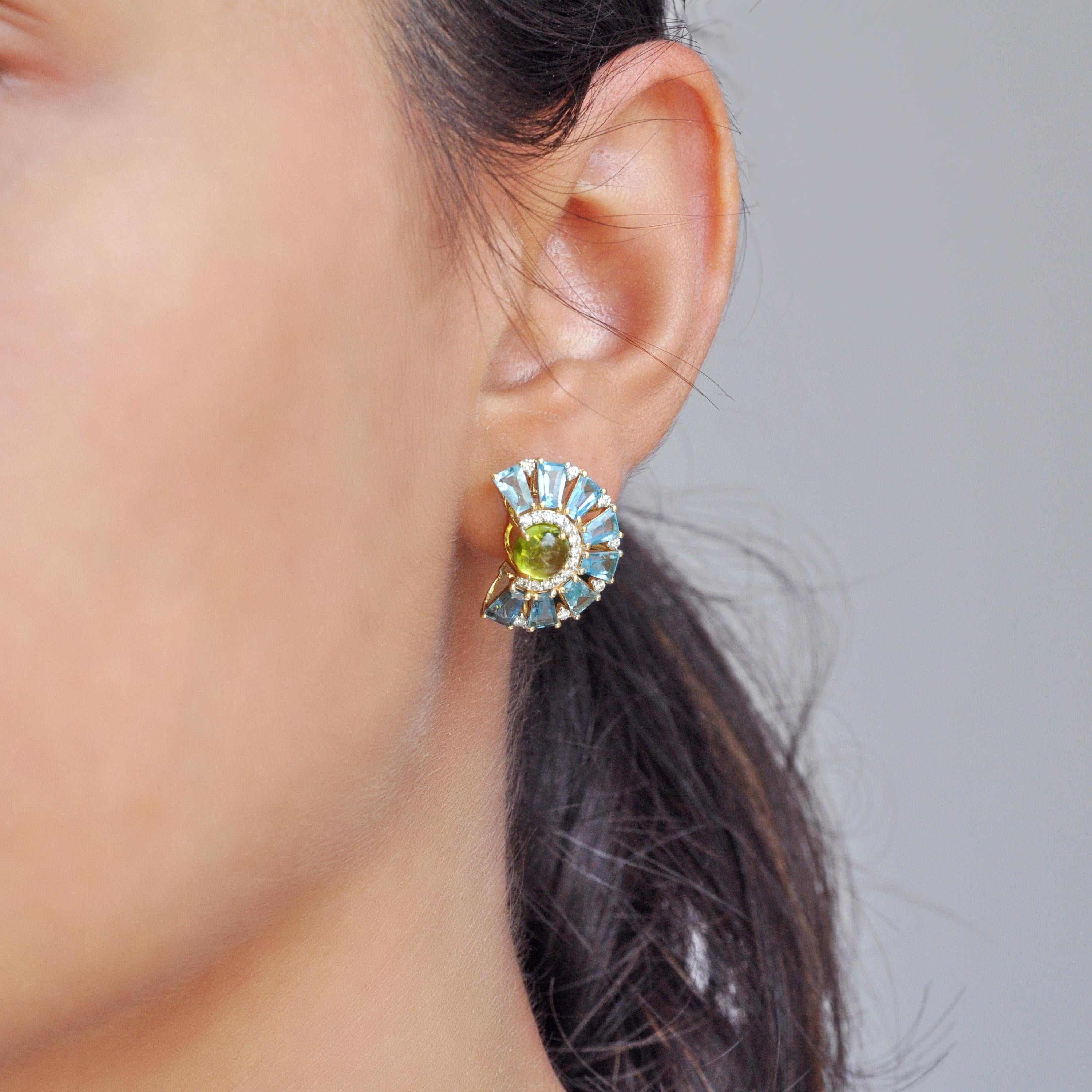 18K gold peridot cabochon blue topaz tapered baguette diamond ferris wheel earrings

Immerse yourself in whimsical elegance with our 18K Gold Blue Topaz and Peridot Ferris Wheel Earrings, —a charming testament to fun and sophistication. Crafted with