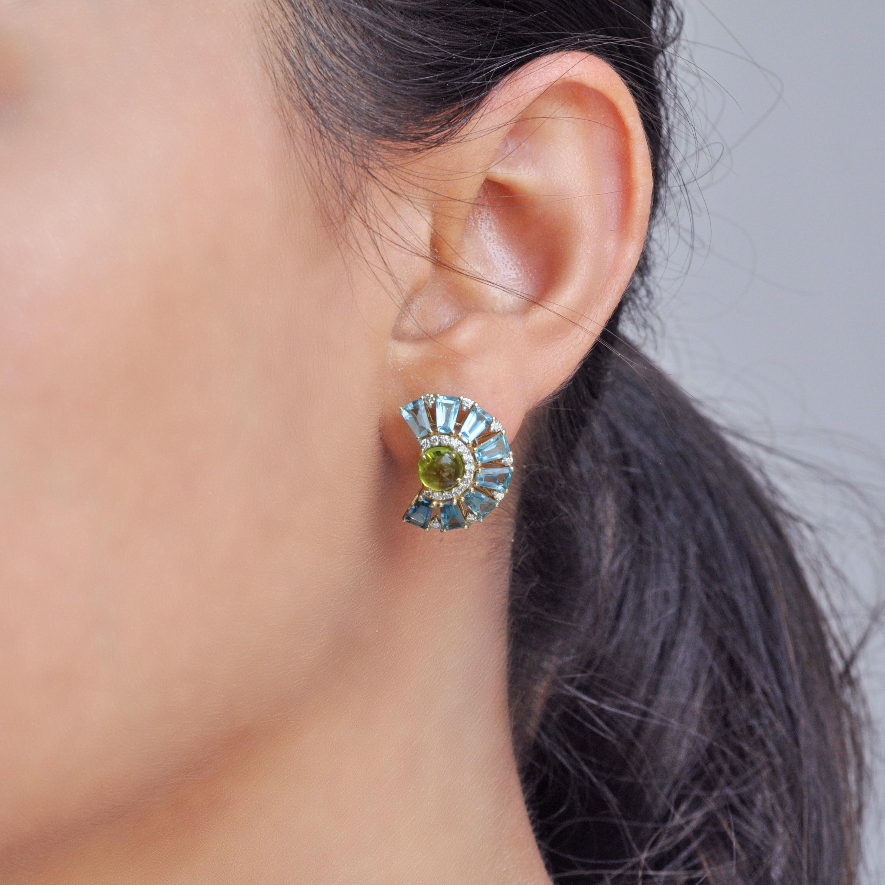 Contemporary 18K Gold Peridot Cabochon Blue Topaz Baguette Diamond Ferris Wheel Stud Earrings For Sale