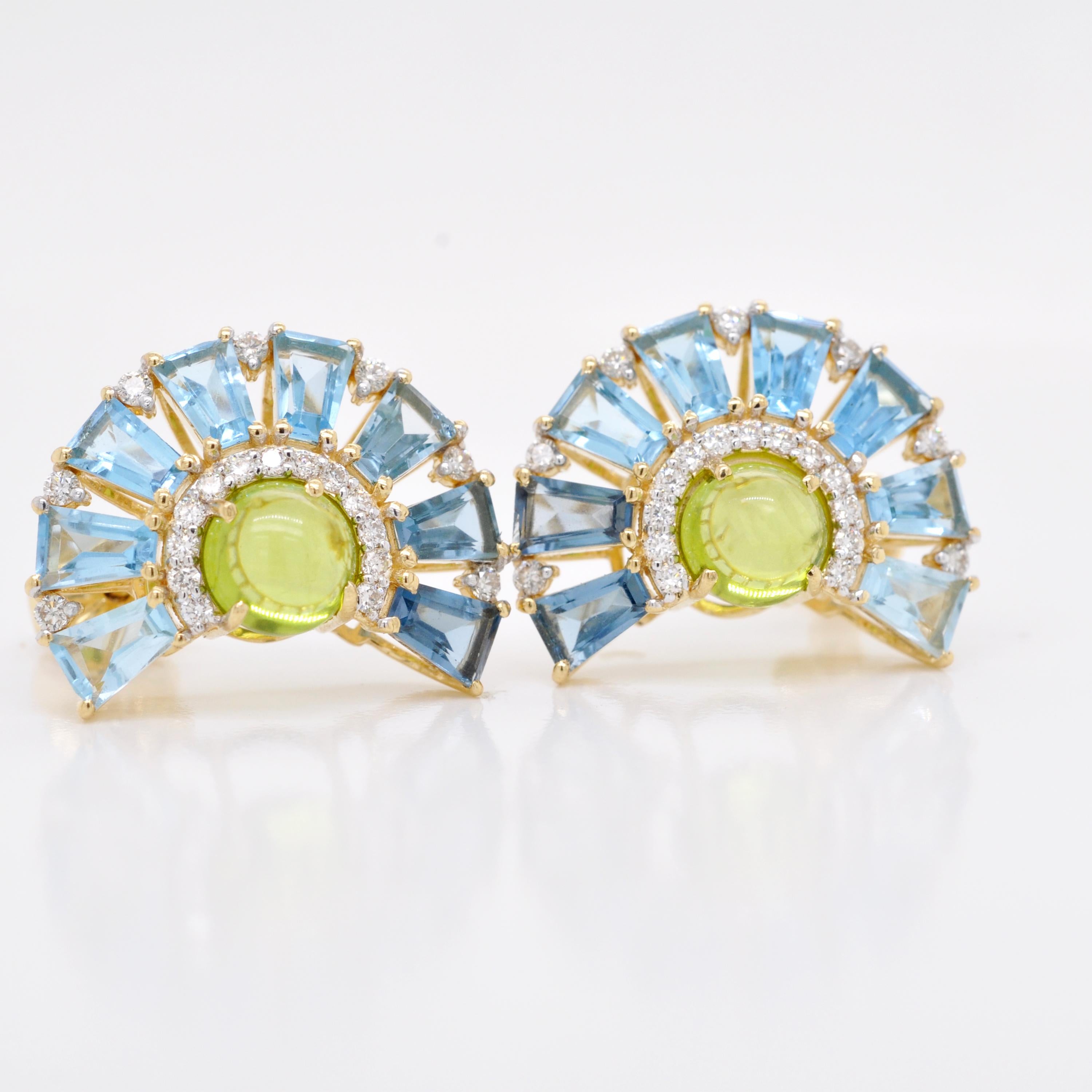 Baguette Cut 18K Gold Peridot Cabochon Blue Topaz Baguette Diamond Ferris Wheel Stud Earrings For Sale