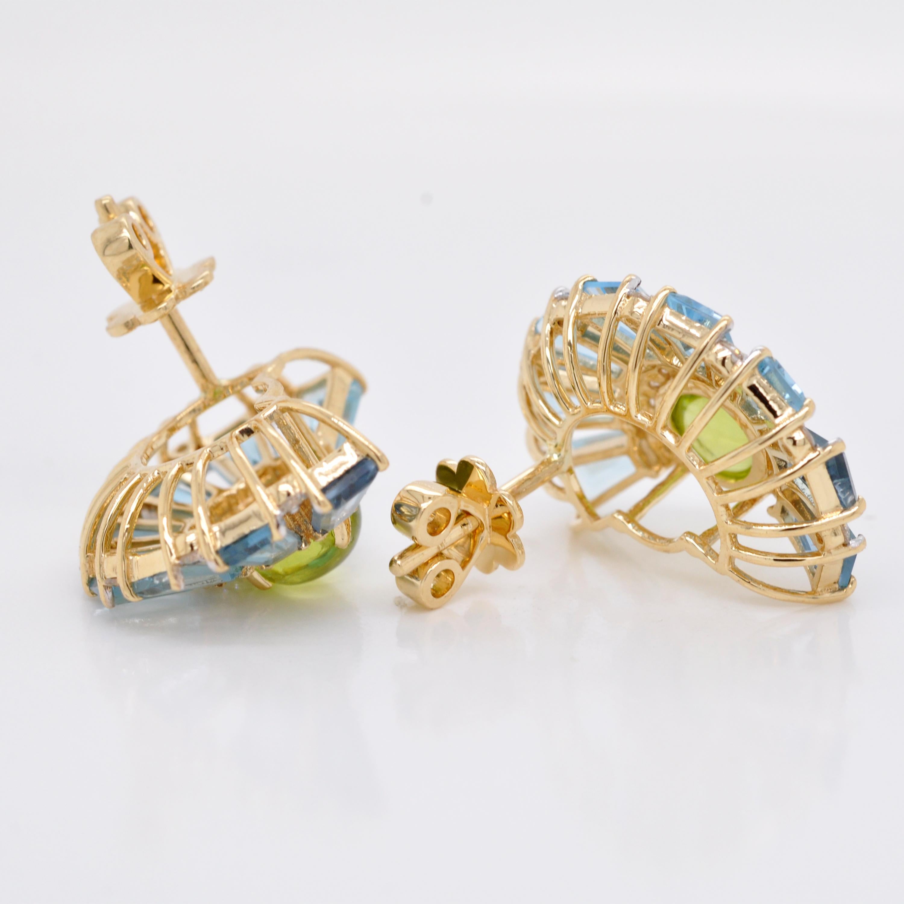 Women's 18K Gold Peridot Cabochon Blue Topaz Baguette Diamond Ferris Wheel Stud Earrings For Sale