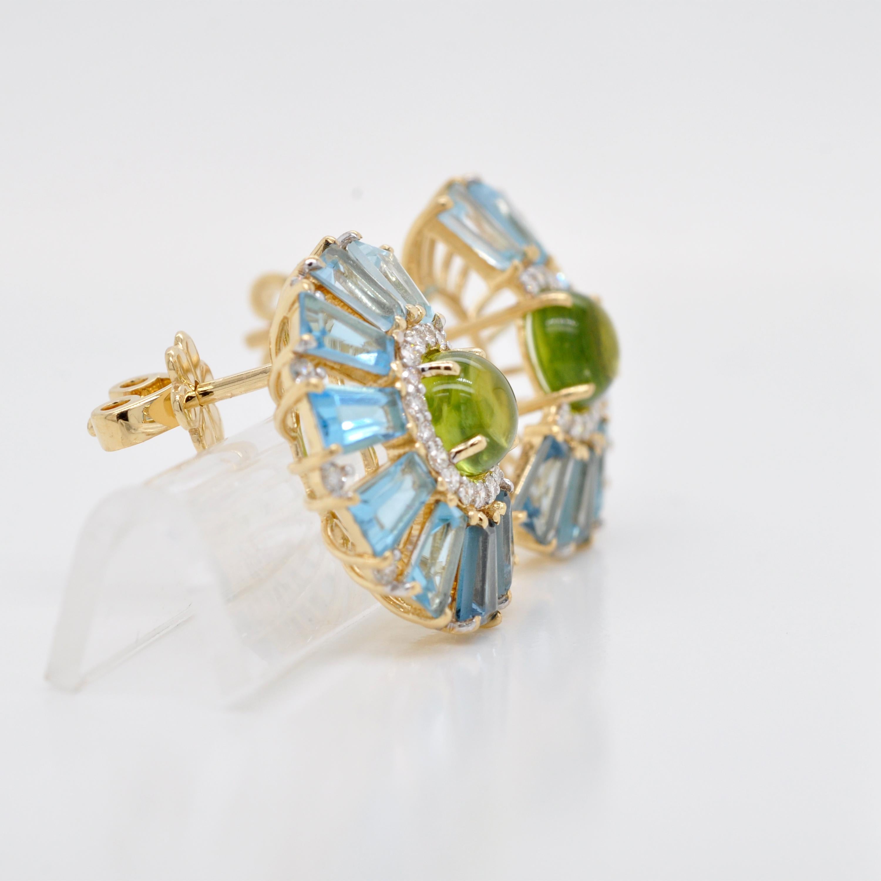 18K Gold Peridot Cabochon Blue Topaz Baguette Diamond Ferris Wheel Stud Earrings For Sale 1