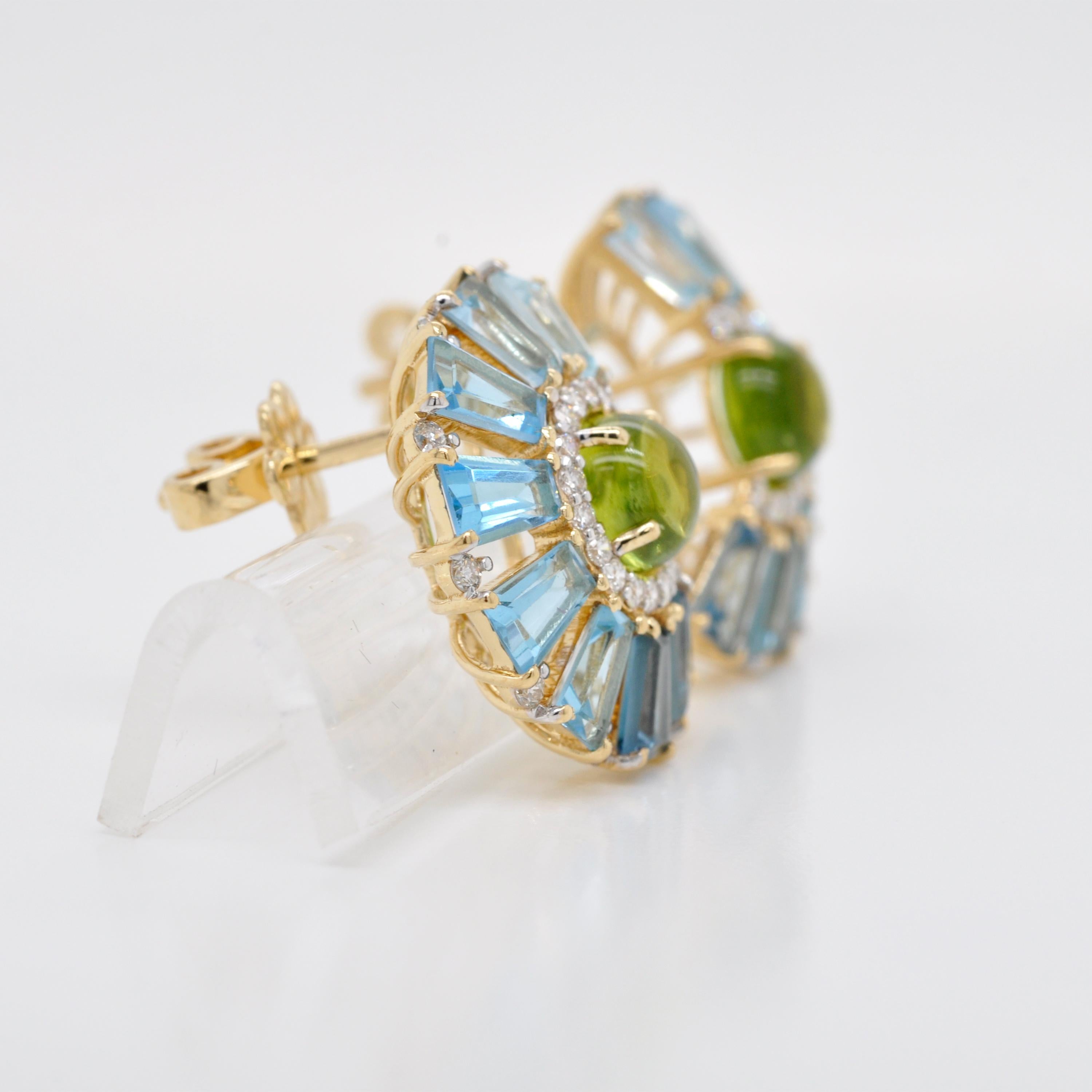 18K Gold Peridot Cabochon Blue Topaz Baguette Diamond Ferris Wheel Stud Earrings For Sale 2