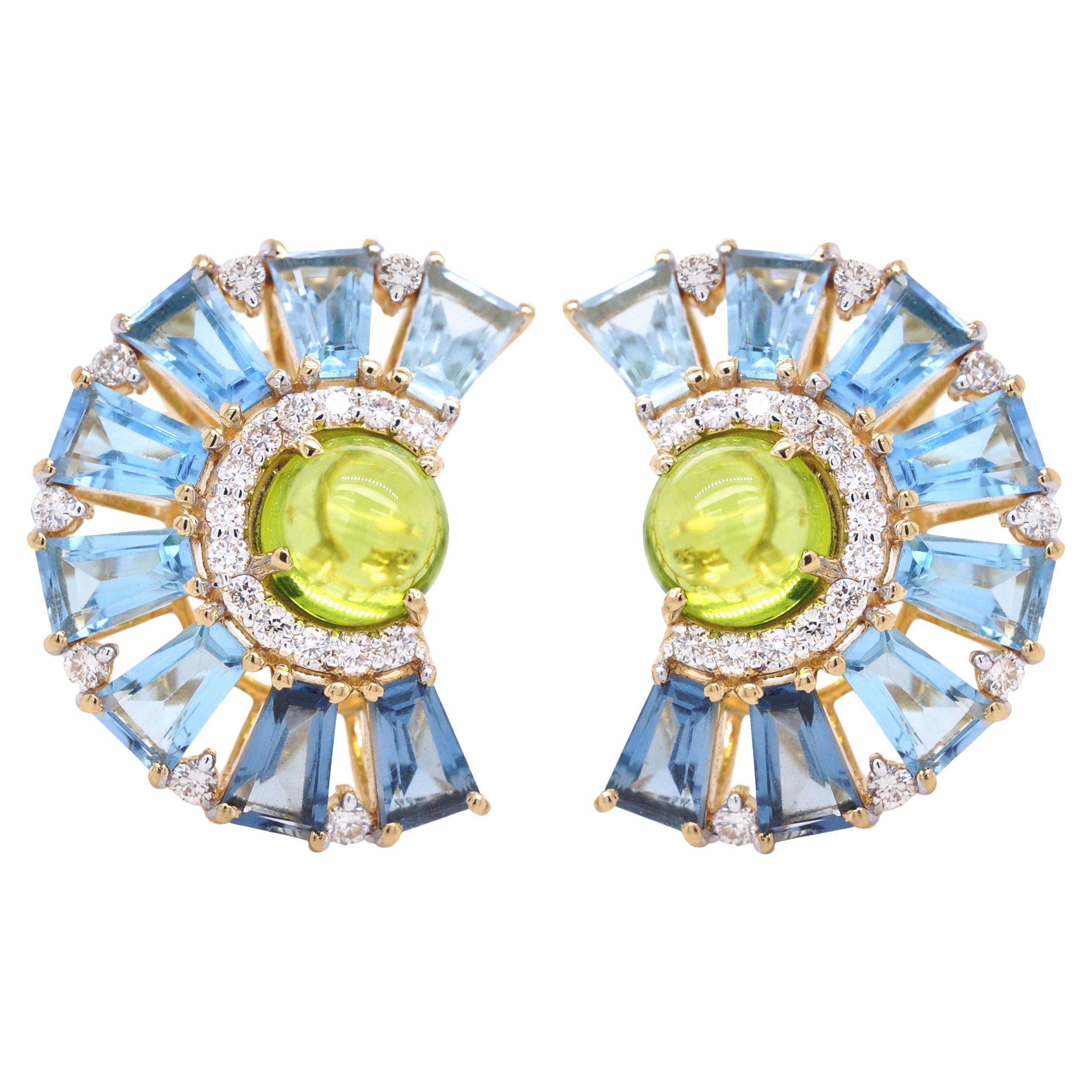 18K Gold Peridot Cabochon Blue Topaz Baguette Diamond Ferris Wheel Stud Earrings