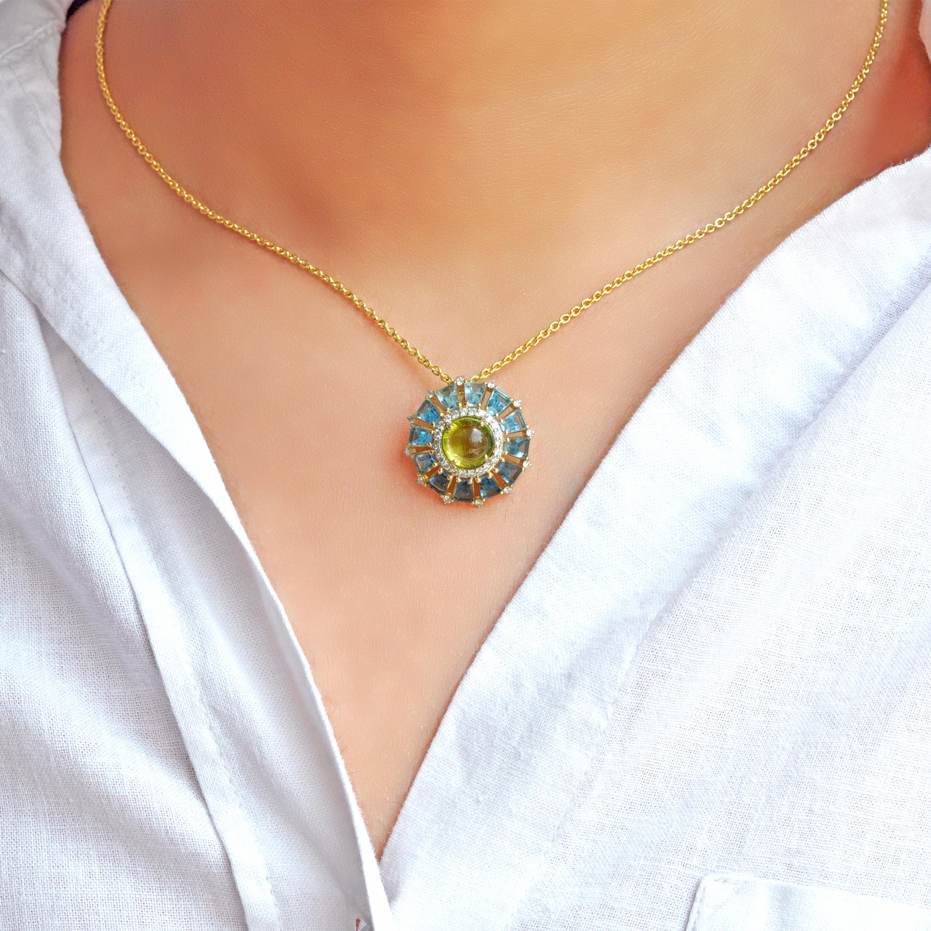 18K gold peridot cabochon blue topaz tapered baguette diamond ferris wheel pendant

Elevate your jewelry collection with our exquisite 18K gold blue topaz and peridot ferris wheel pendant, a stunning piece that showcases the perfect blend of vibrant