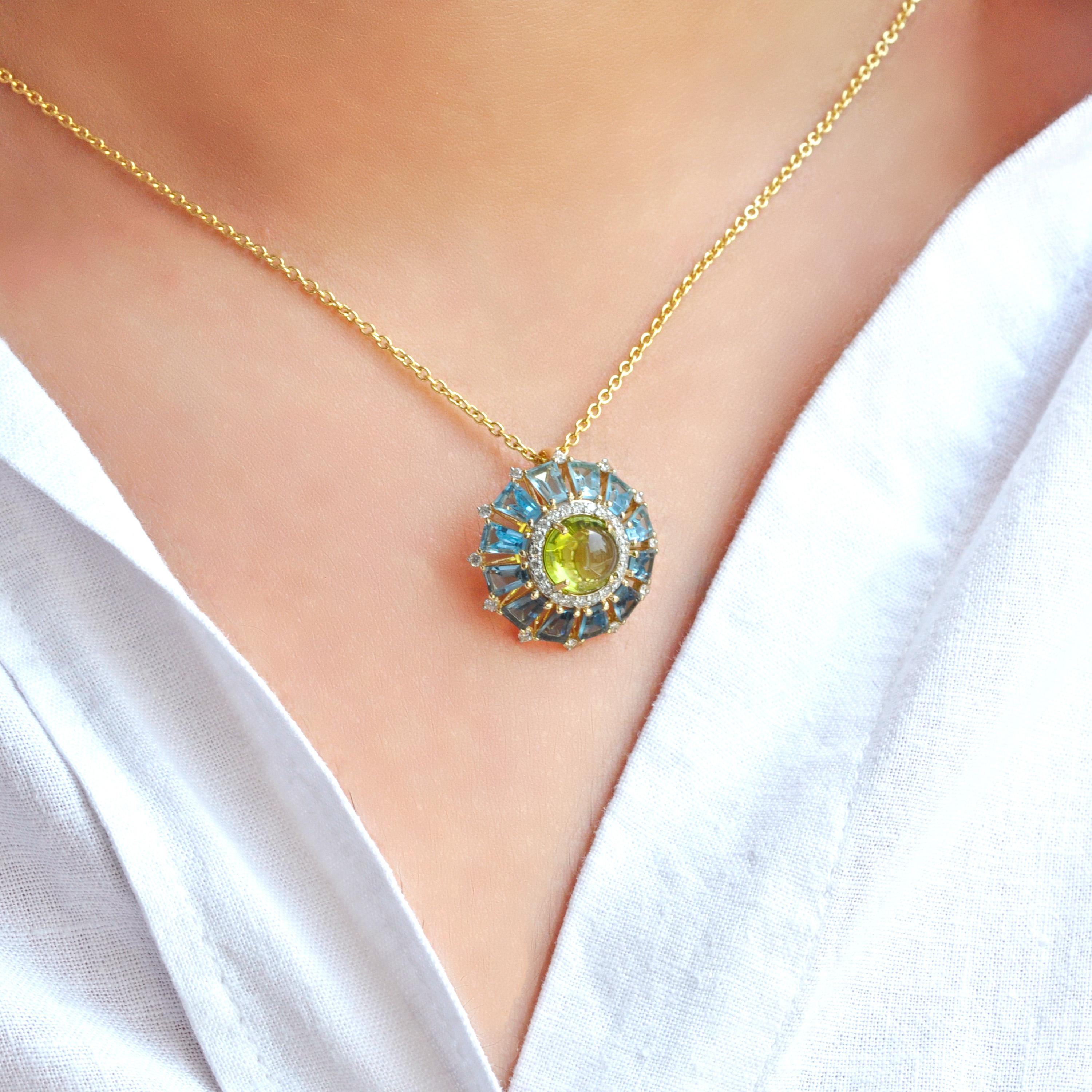 Contemporary 18K Gold Peridot Cabochon Blue Topaz Taper Baguette Diamond Ferris Wheel Pendant For Sale