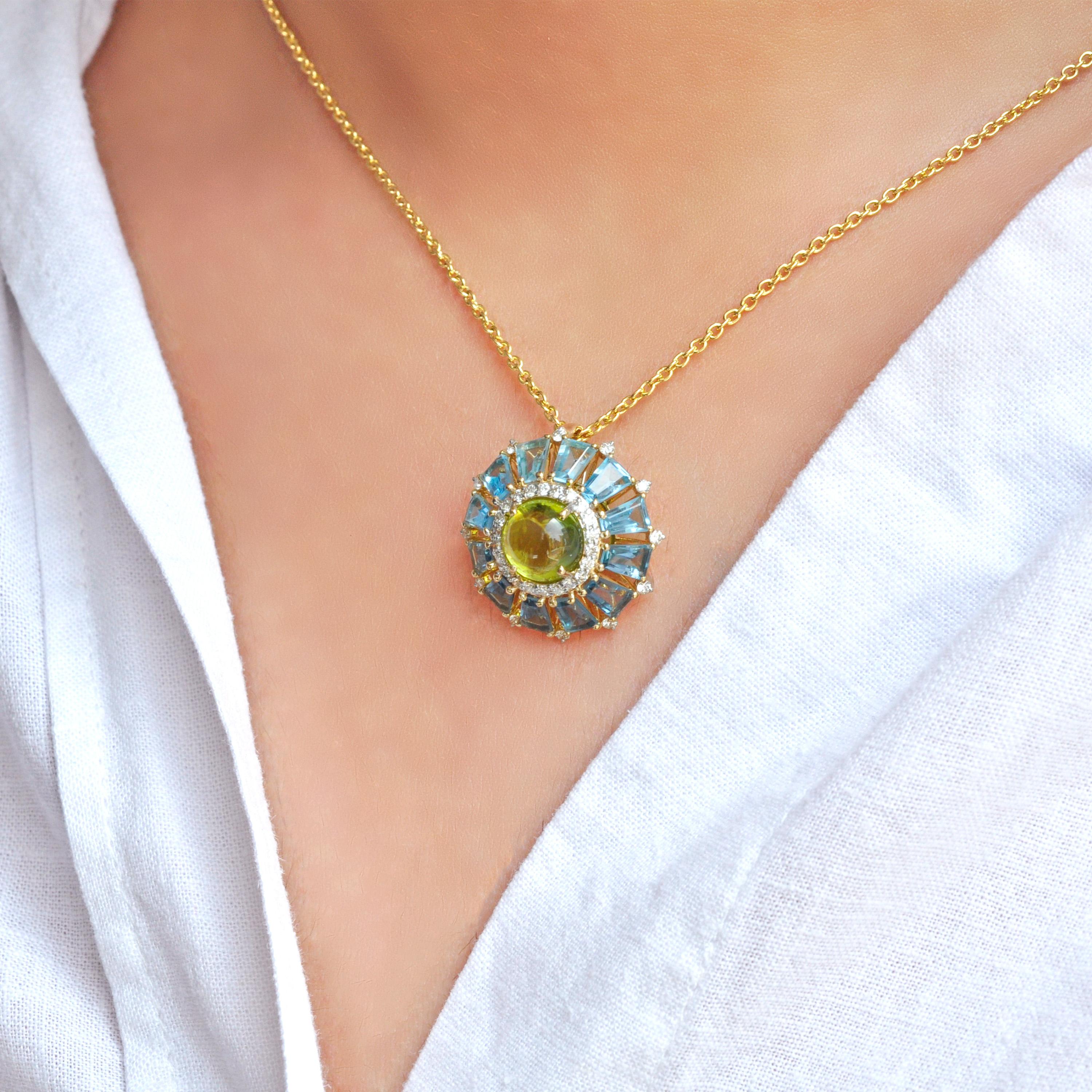Tapered Baguette 18K Gold Peridot Cabochon Blue Topaz Taper Baguette Diamond Ferris Wheel Pendant For Sale