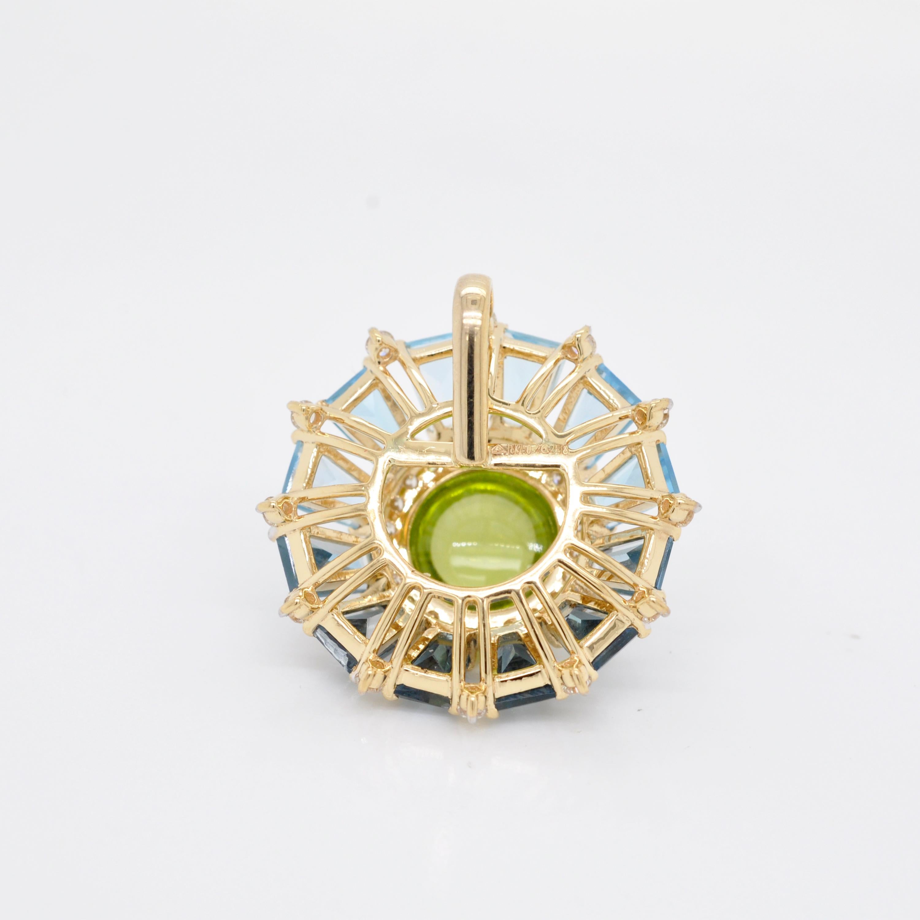 18K Gold Peridot Cabochon Blue Topaz Taper Baguette Diamond Ferris Wheel Pendant For Sale 1