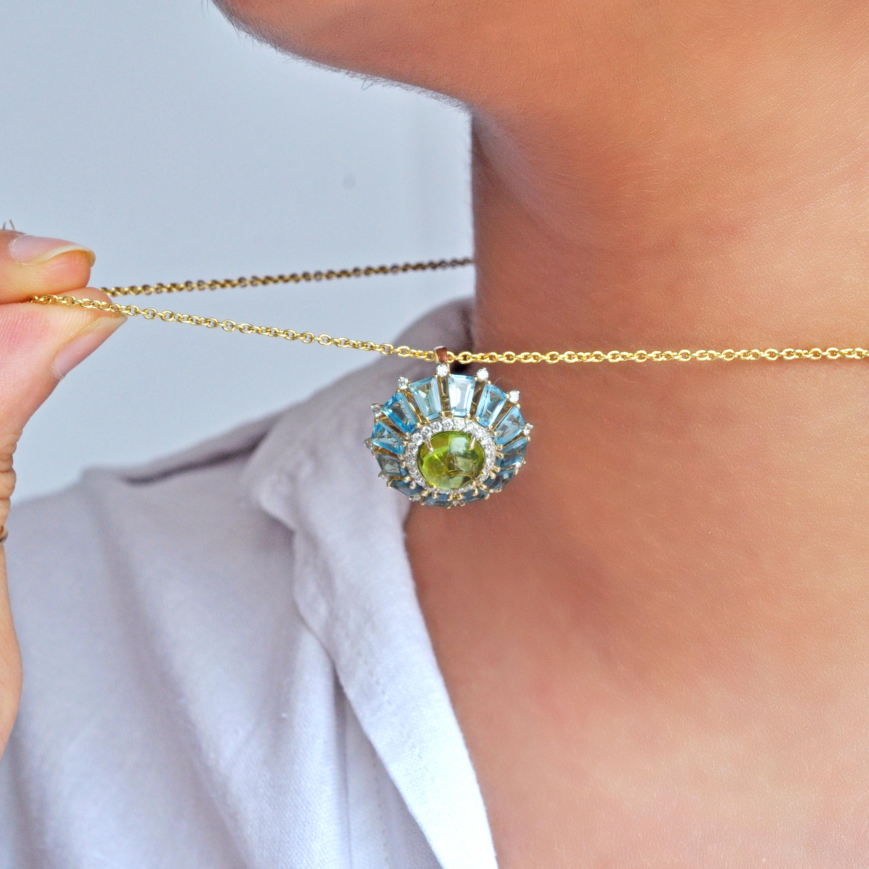 18K Gold Peridot Cabochon Blue Topaz Taper Baguette Diamond Ferris Wheel Pendant For Sale 2