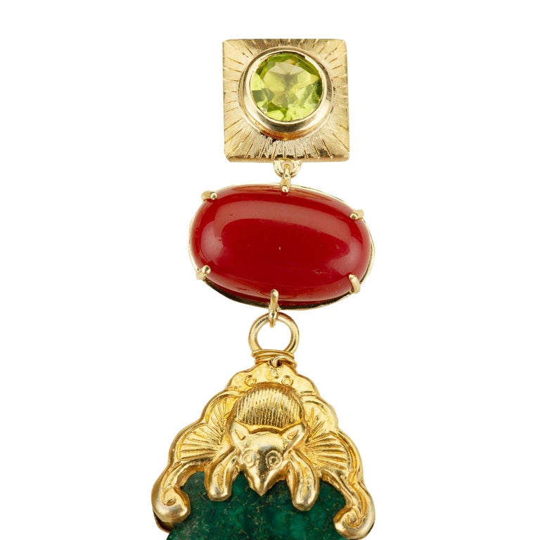 18K gold gr. 14,00 Peridot  cts  0,60, red Italian Coral walrus ivory Quing Dynasty earrings
All Giulia Colussi jewelry is new and has never been previously owned or worn. Each item will arrive at your door beautifully gift wrapped in our boxes, put
