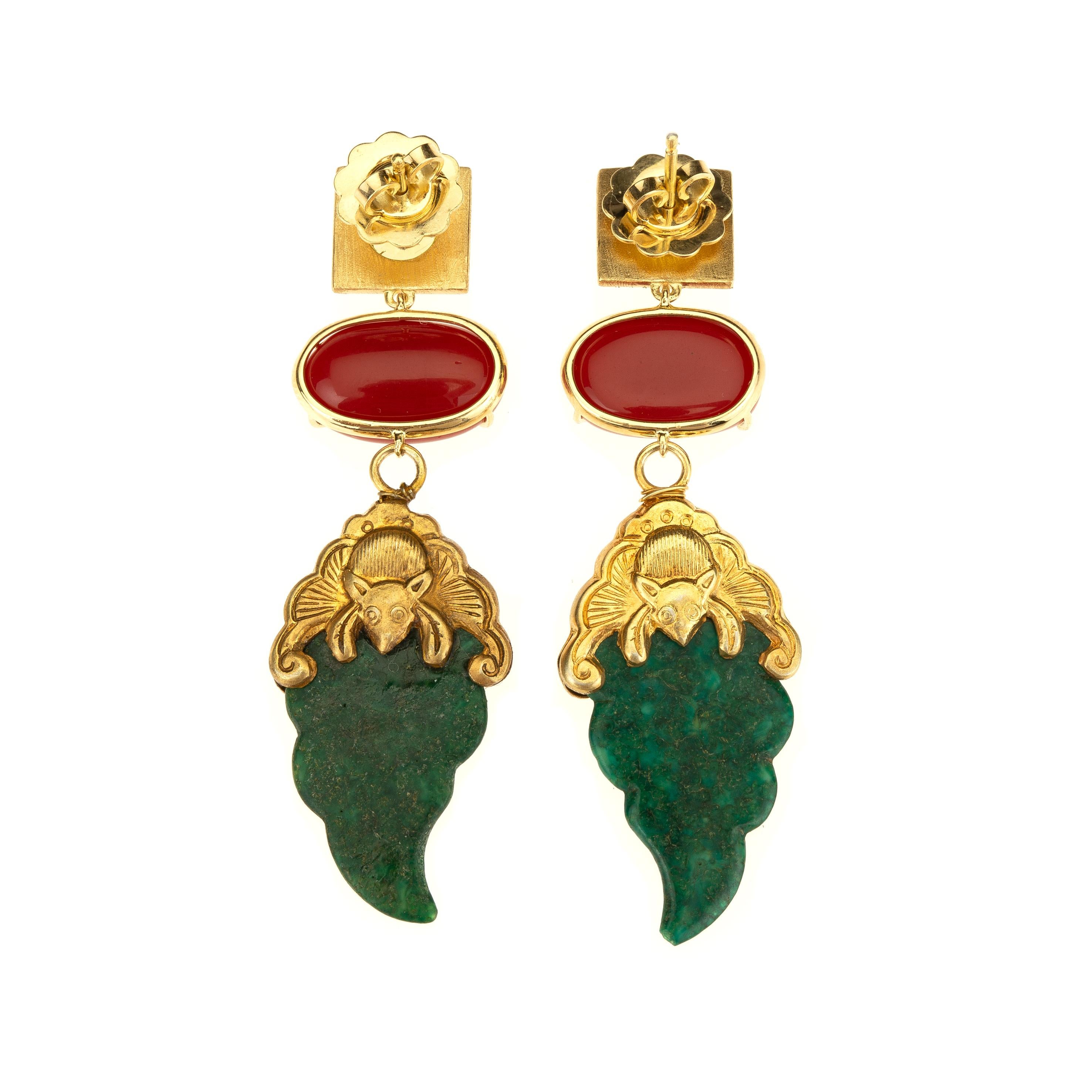 18 Karat Gold Peridot Coral Earrings Rare Chinese Earrings In New Condition For Sale In Milan, IT