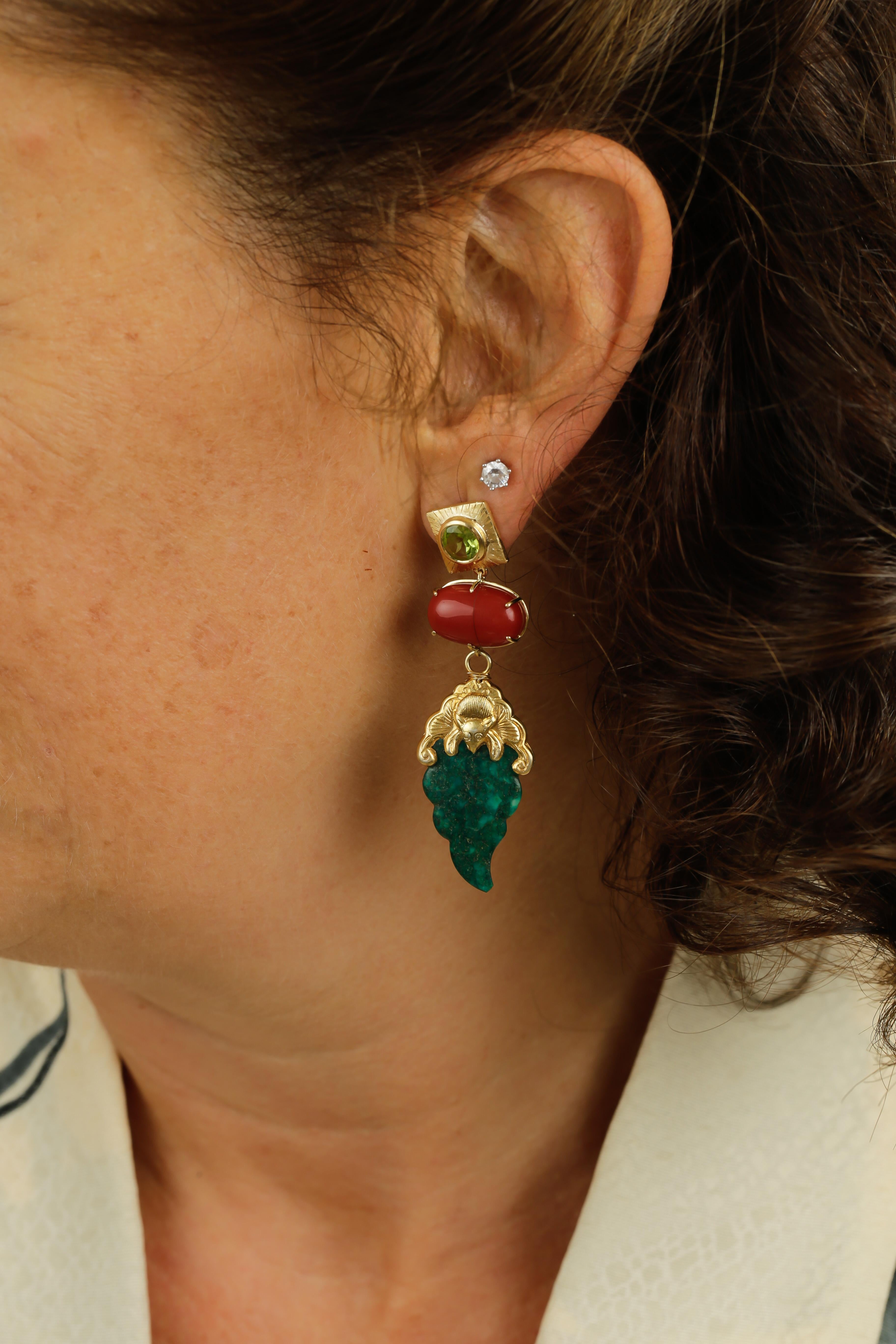 Women's or Men's 18 Karat Gold Peridot Coral Earrings Rare Chinese Earrings For Sale