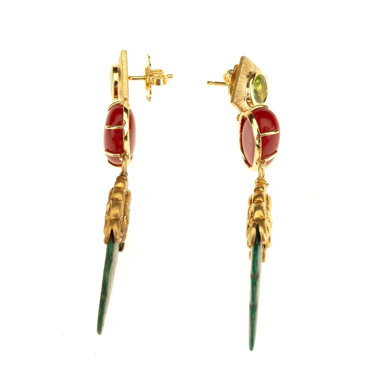 18 Karat Gold Peridot Coral Earrings Rare Chinese Earrings For Sale 3