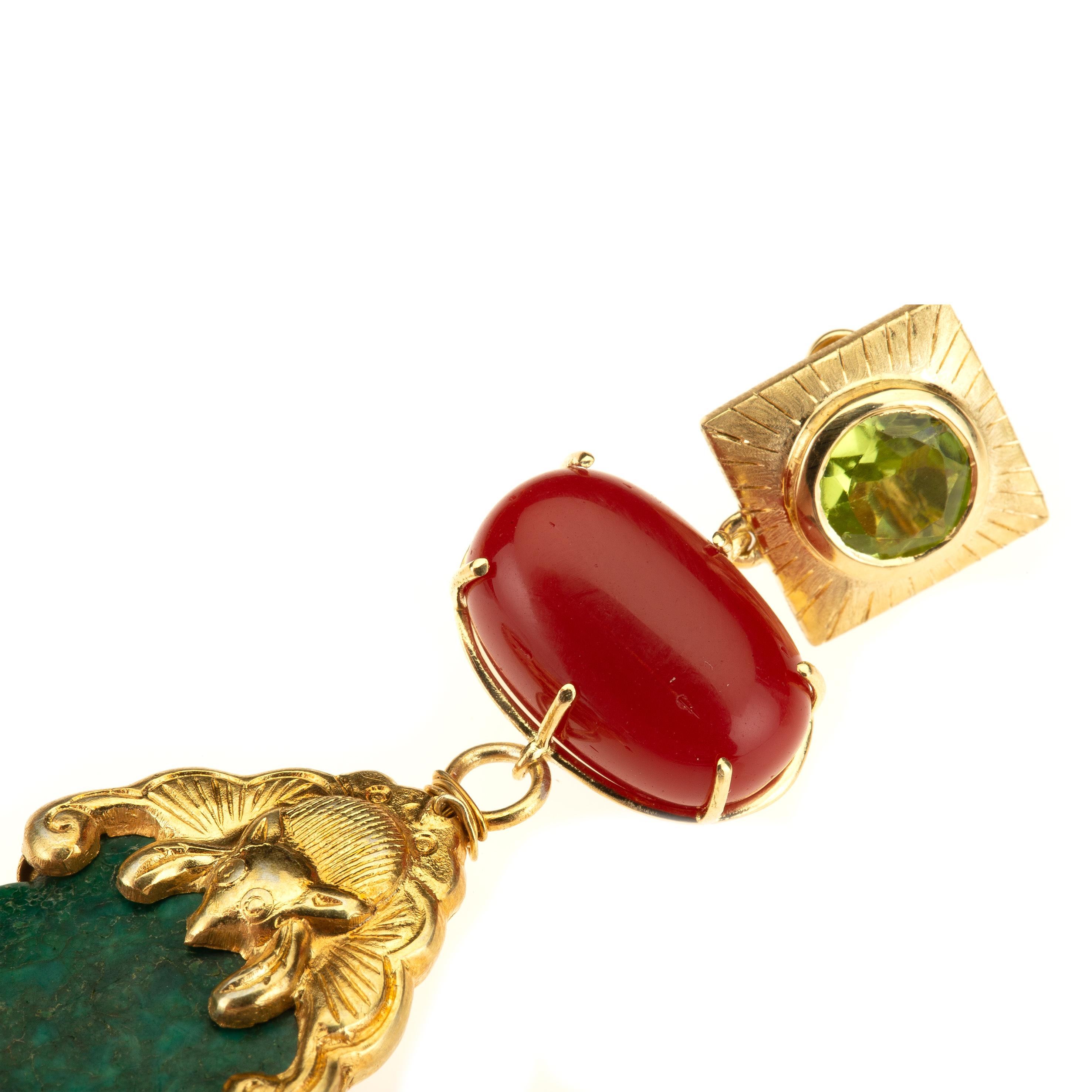 18 Karat Gold Peridot Coral Earrings Rare Chinese Earrings For Sale 2