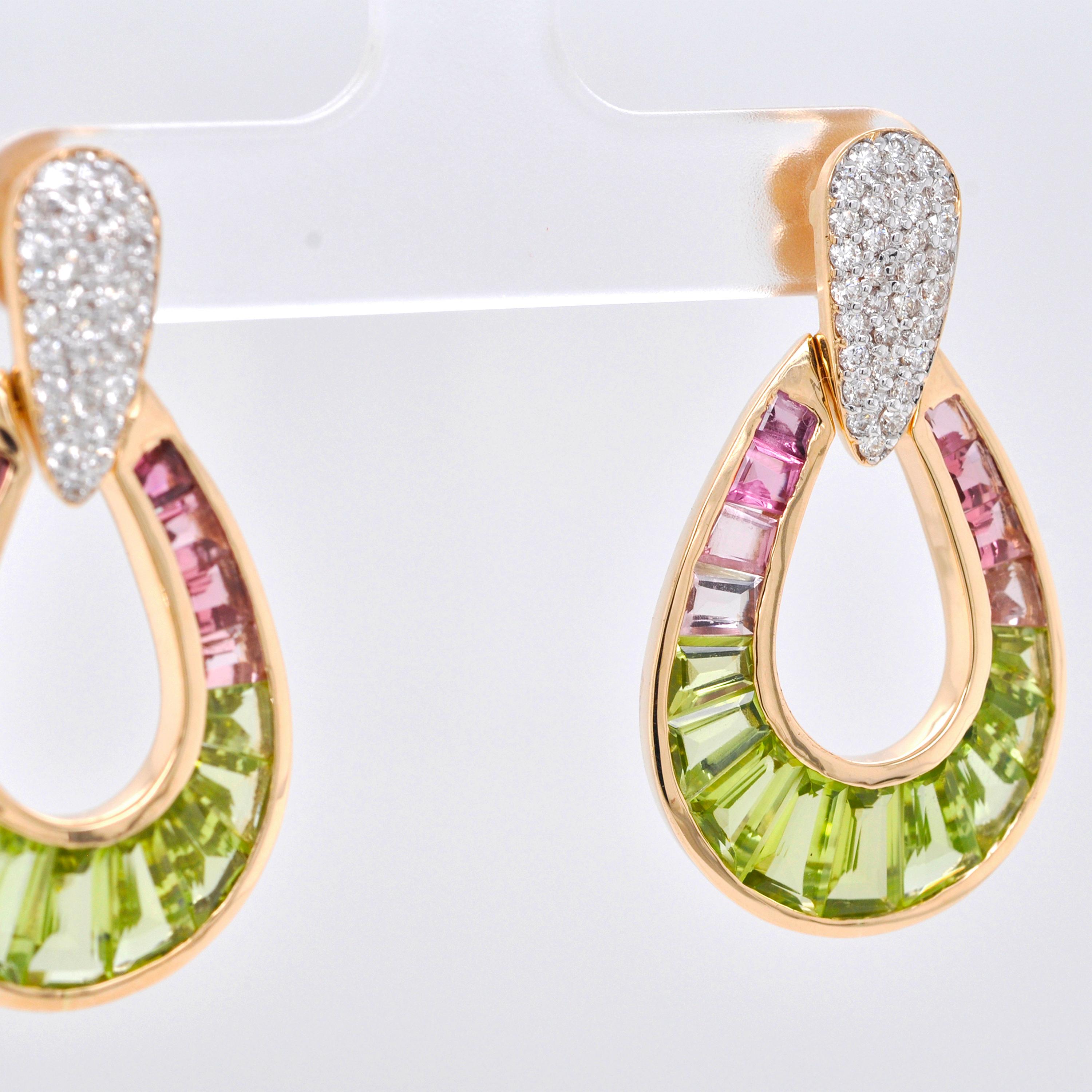 18K Gold Peridot Pink Tourmaline Raindrop Diamond Dangle Drop Earrings In New Condition For Sale In Jaipur, Rajasthan
