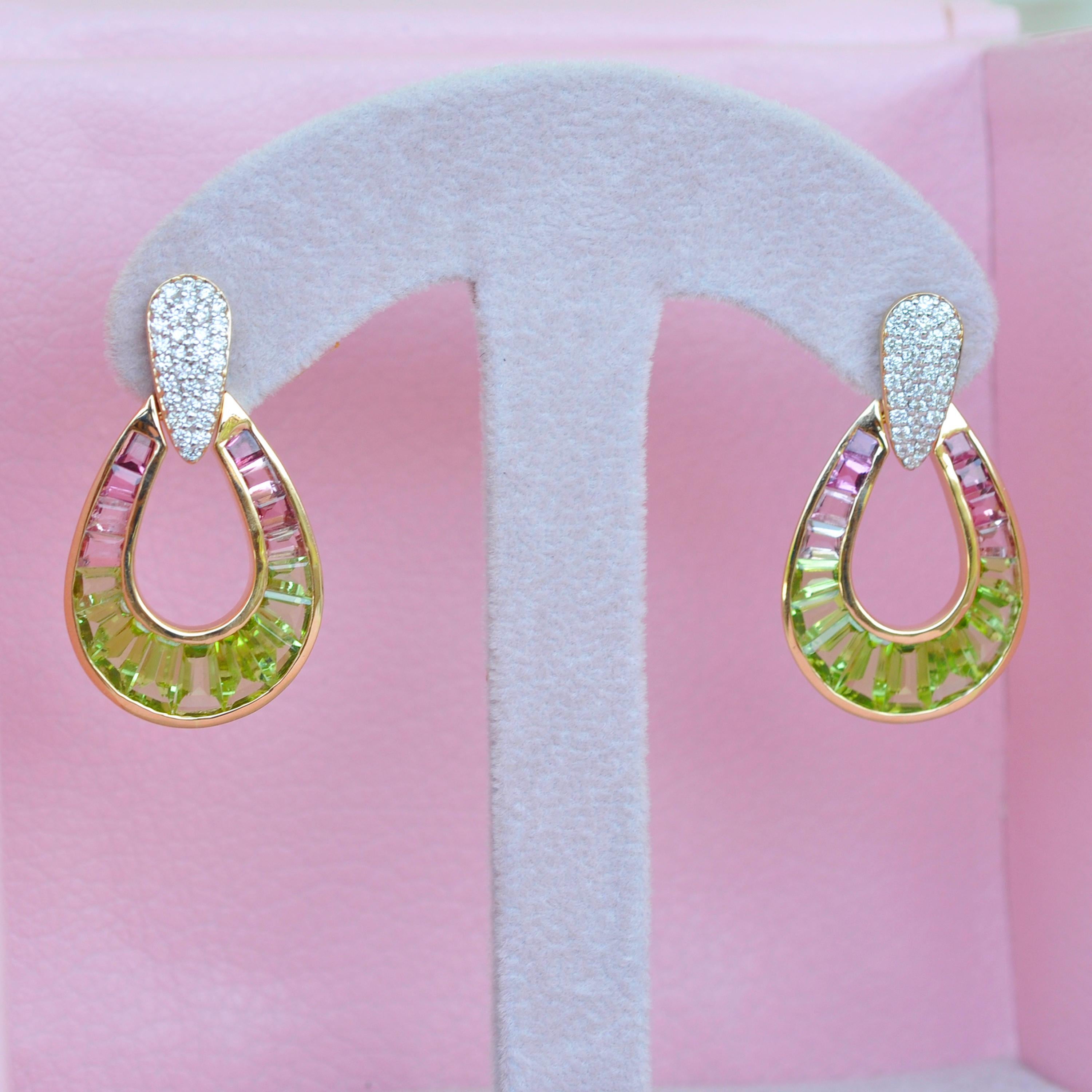 Women's 18K Gold Peridot Pink Tourmaline Raindrop Diamond Dangle Drop Earrings For Sale